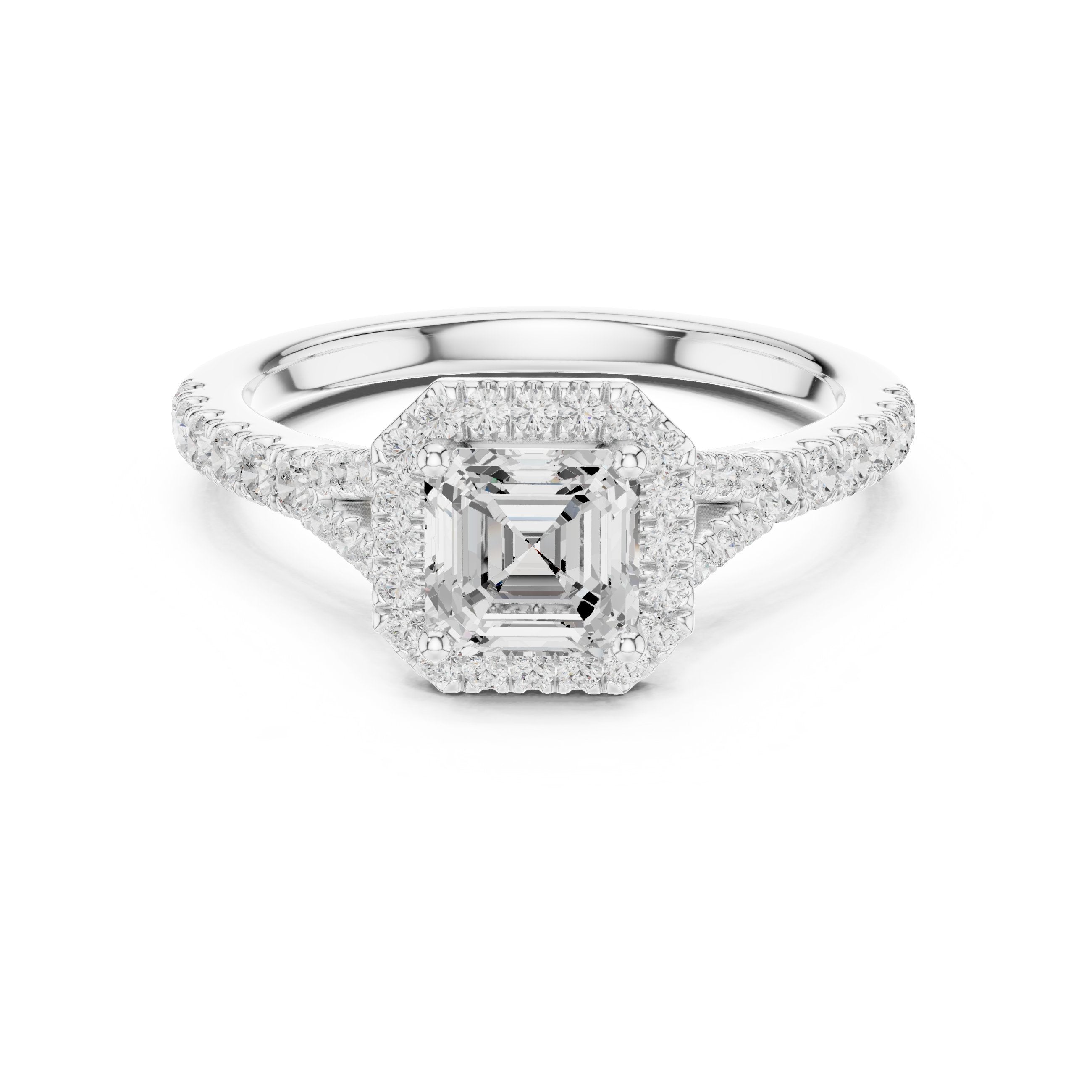 Asscher Cut Halo Engagement Ring with Split Shank Pavé Band in White Gold - VYKA Diamonds