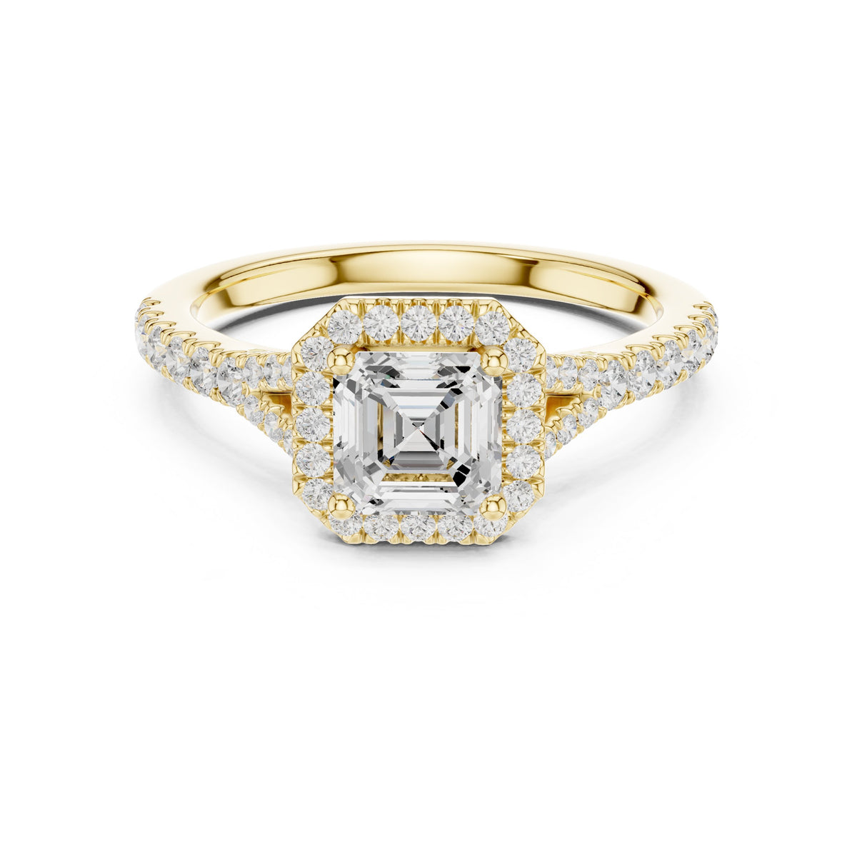 Asscher Cut Halo Engagement Ring with Split Shank Pavé Band