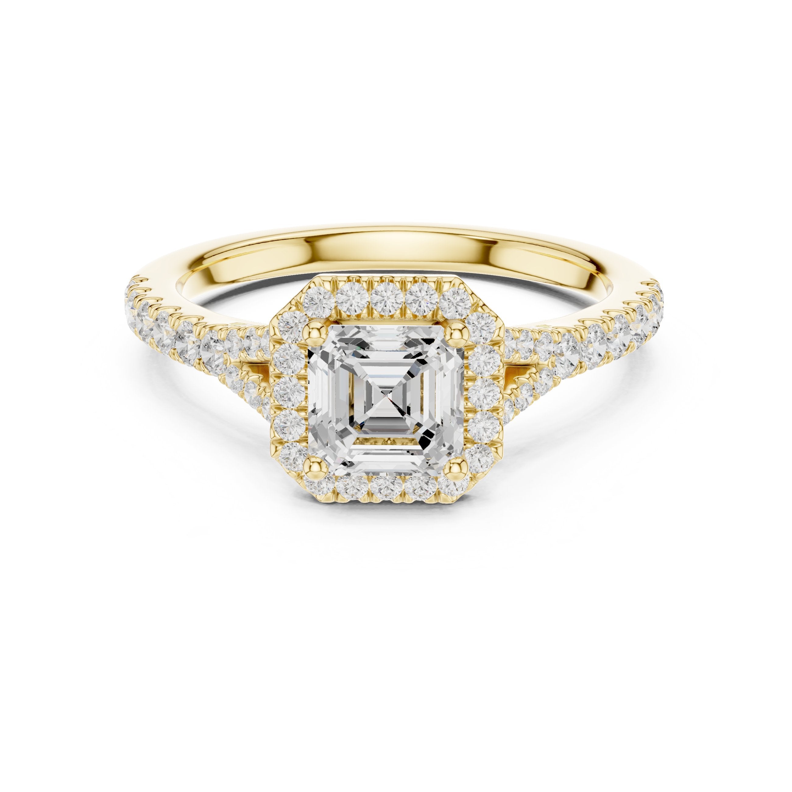 Asscher Cut Halo Engagement Ring with Split Shank Pavé Band in Yellow Gold - VYKA Diamonds