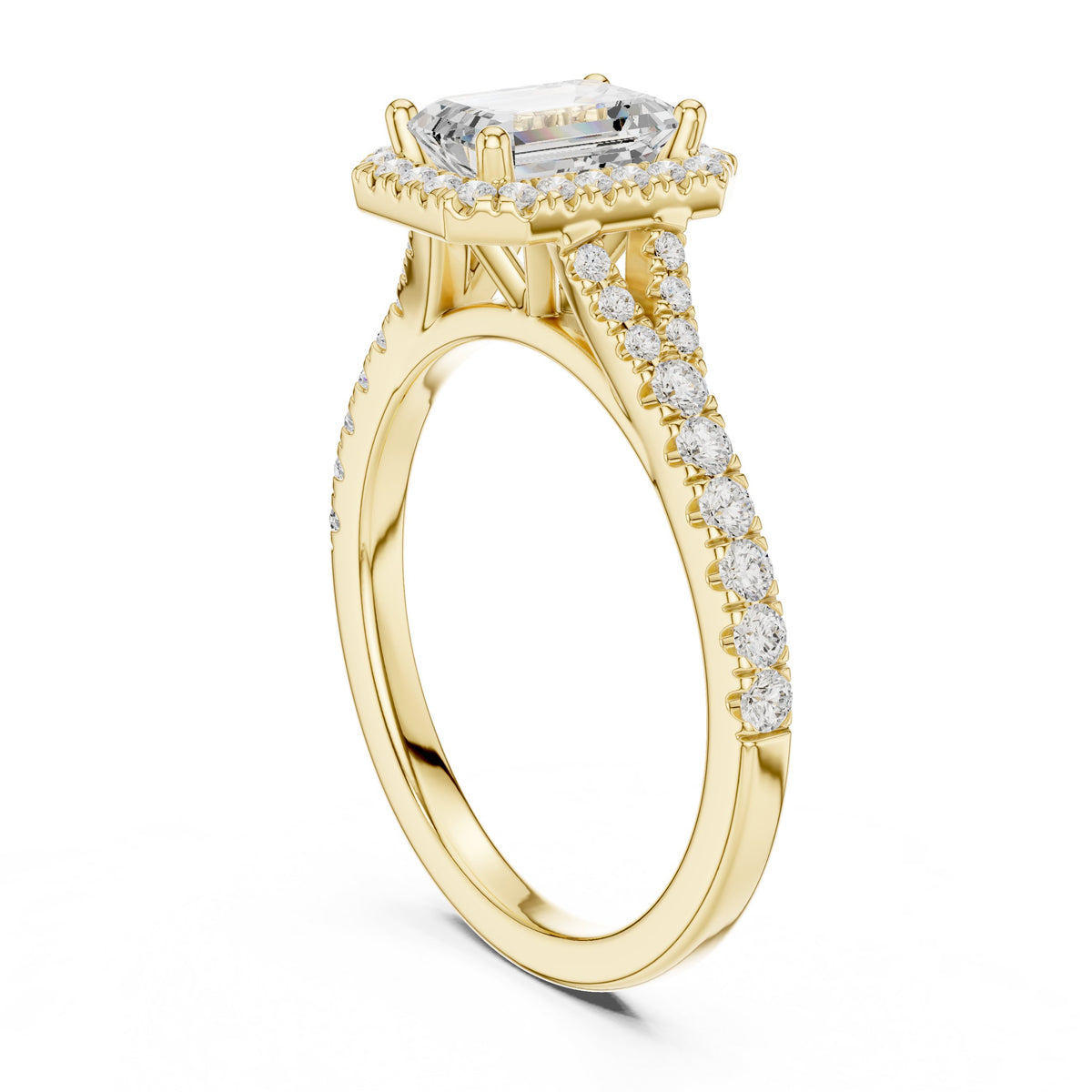 Emerald Cut Halo Engagement Ring with Split Shank Pavé Band