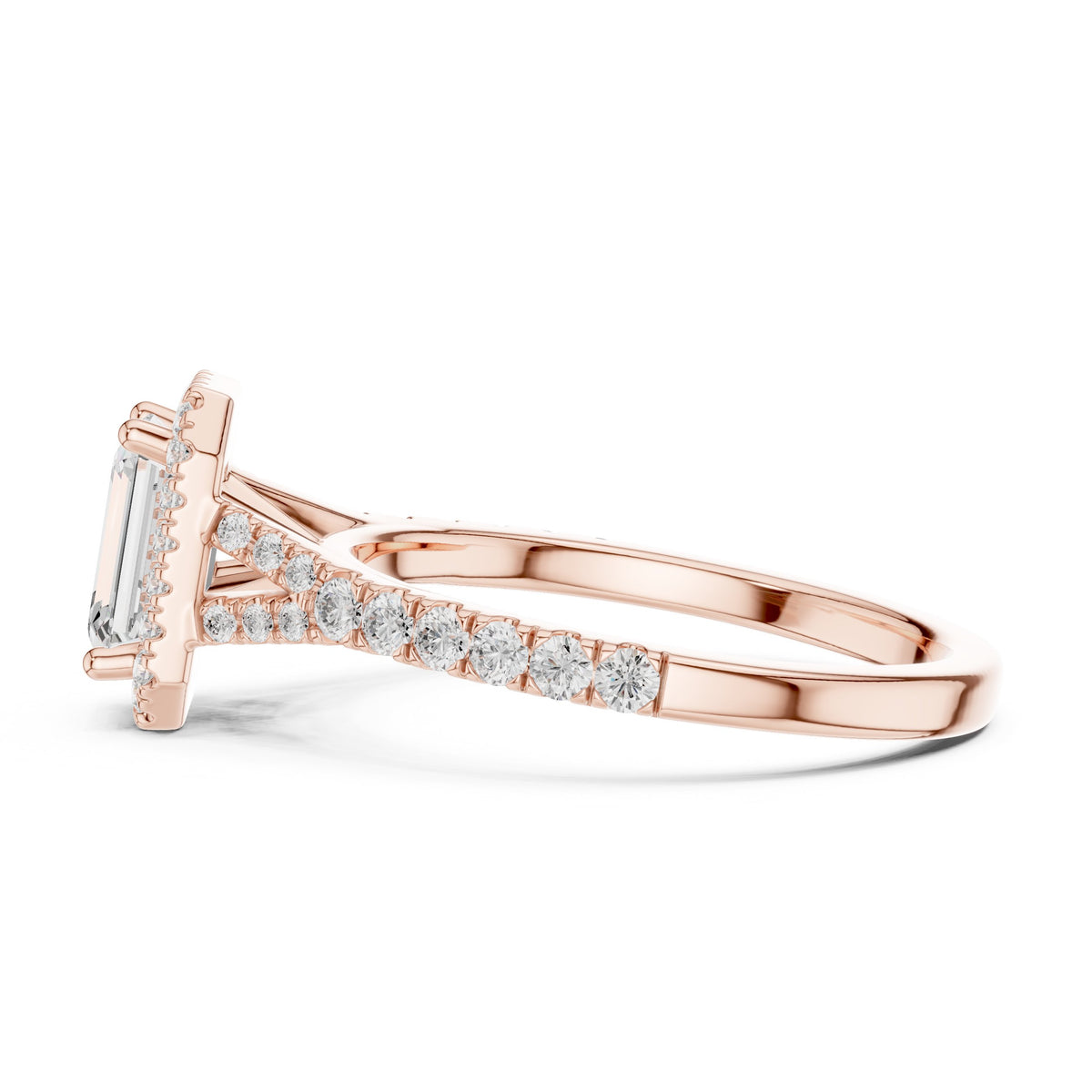 Emerald Cut Halo Engagement Ring with Split Shank Pavé Band