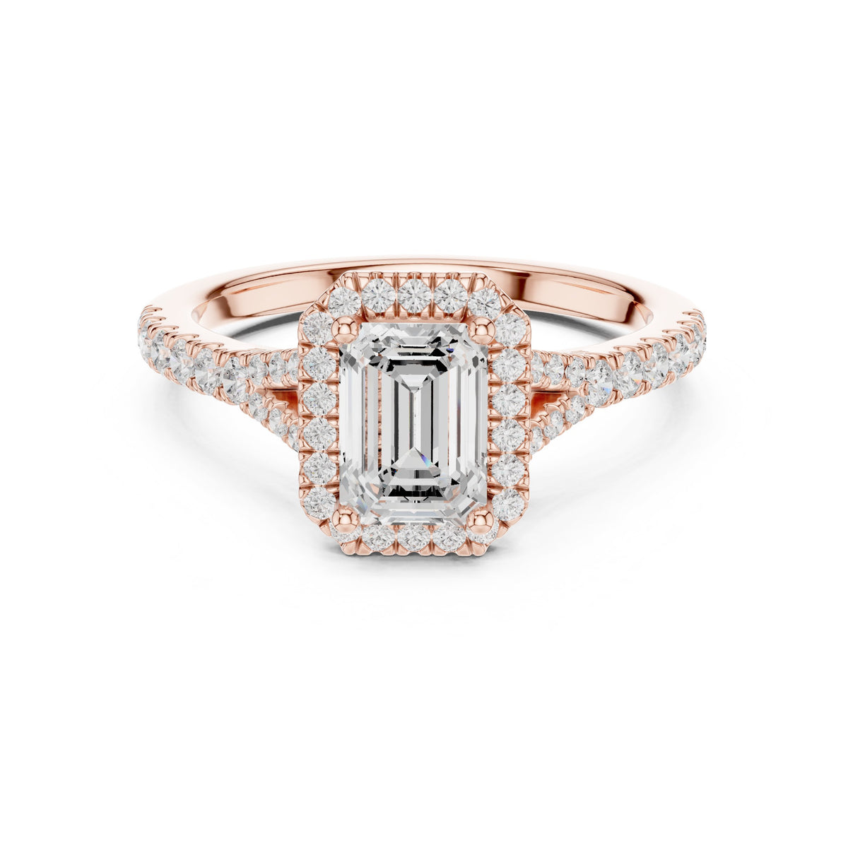 Emerald Cut Halo Engagement Ring with Split Shank Pavé Band