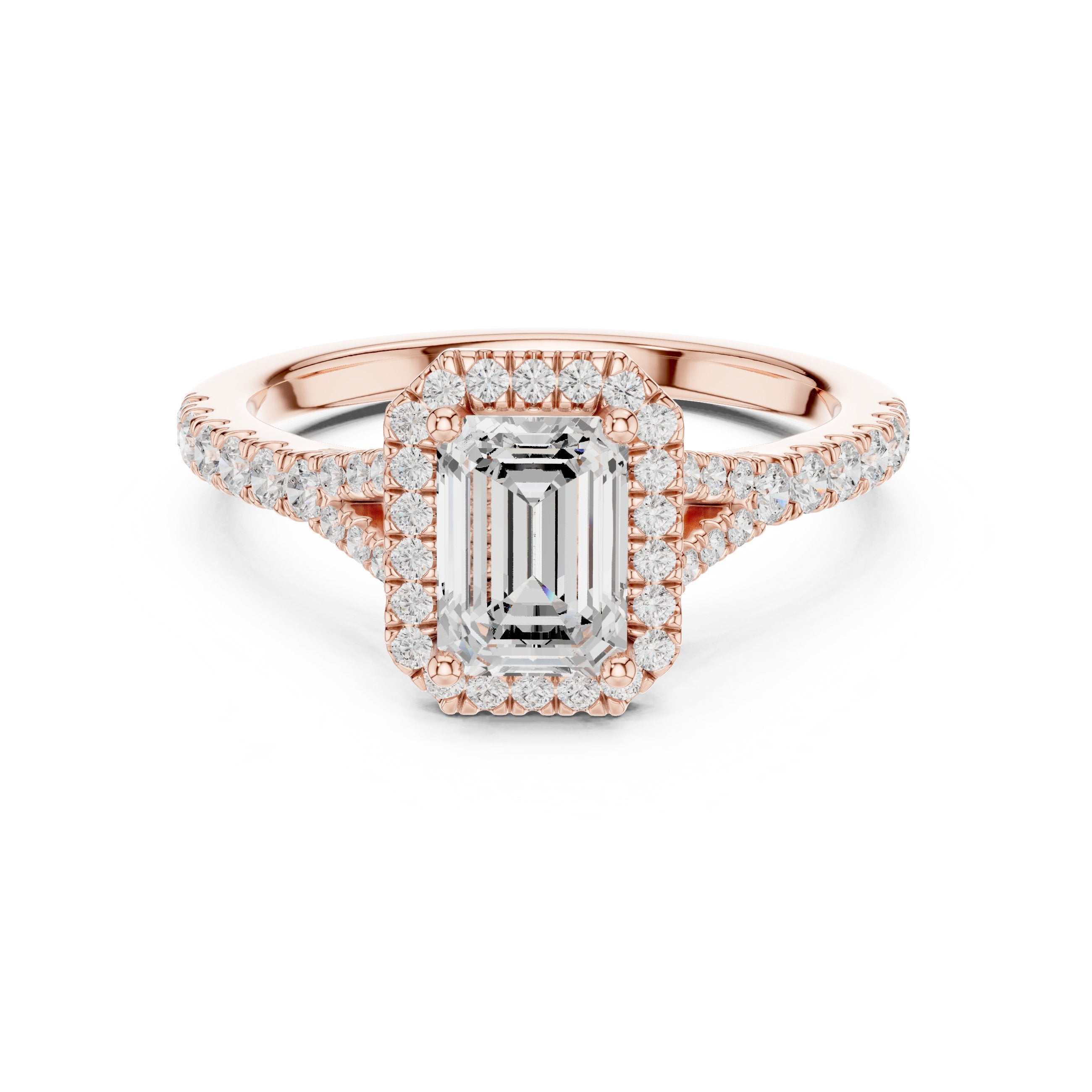 Emerald Cut Halo Engagement Ring with Split Shank Pavé Band in Rose Gold - VYKA Diamonds