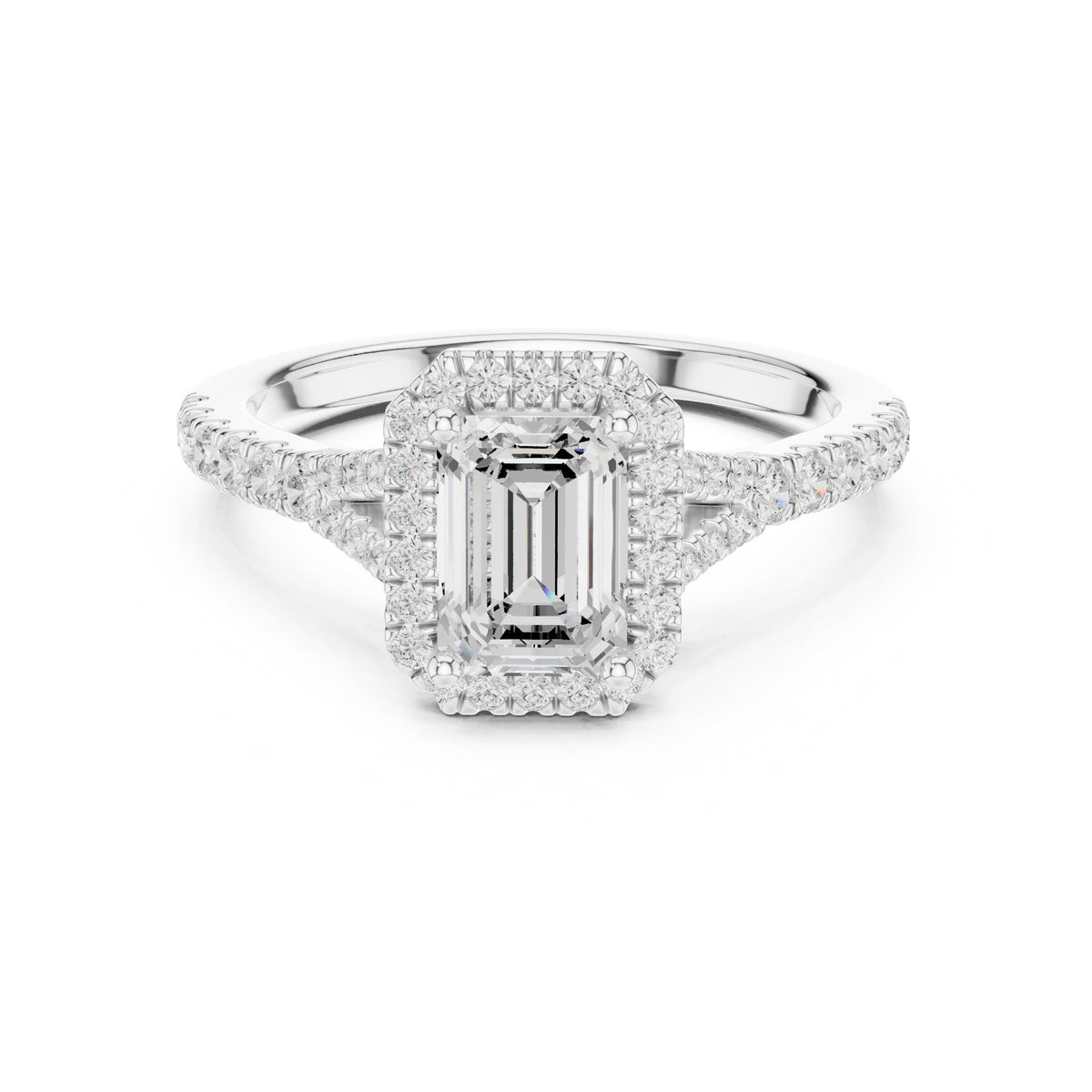 Emerald Cut Halo Engagement Ring with Split Shank Pavé Band
