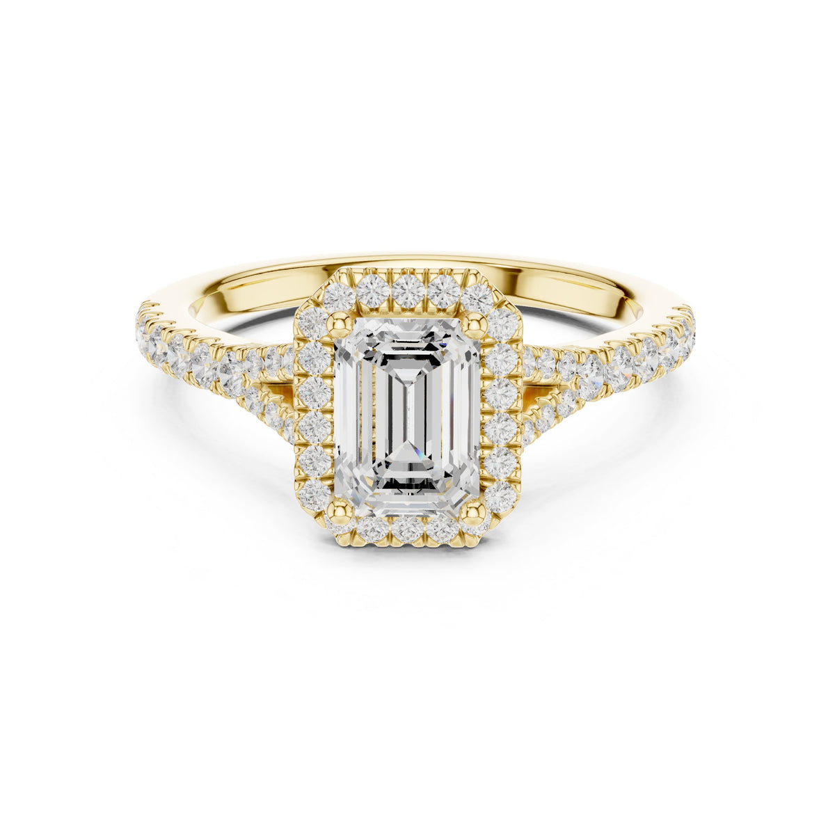 Emerald Cut Halo Engagement Ring with Split Shank Pavé Band