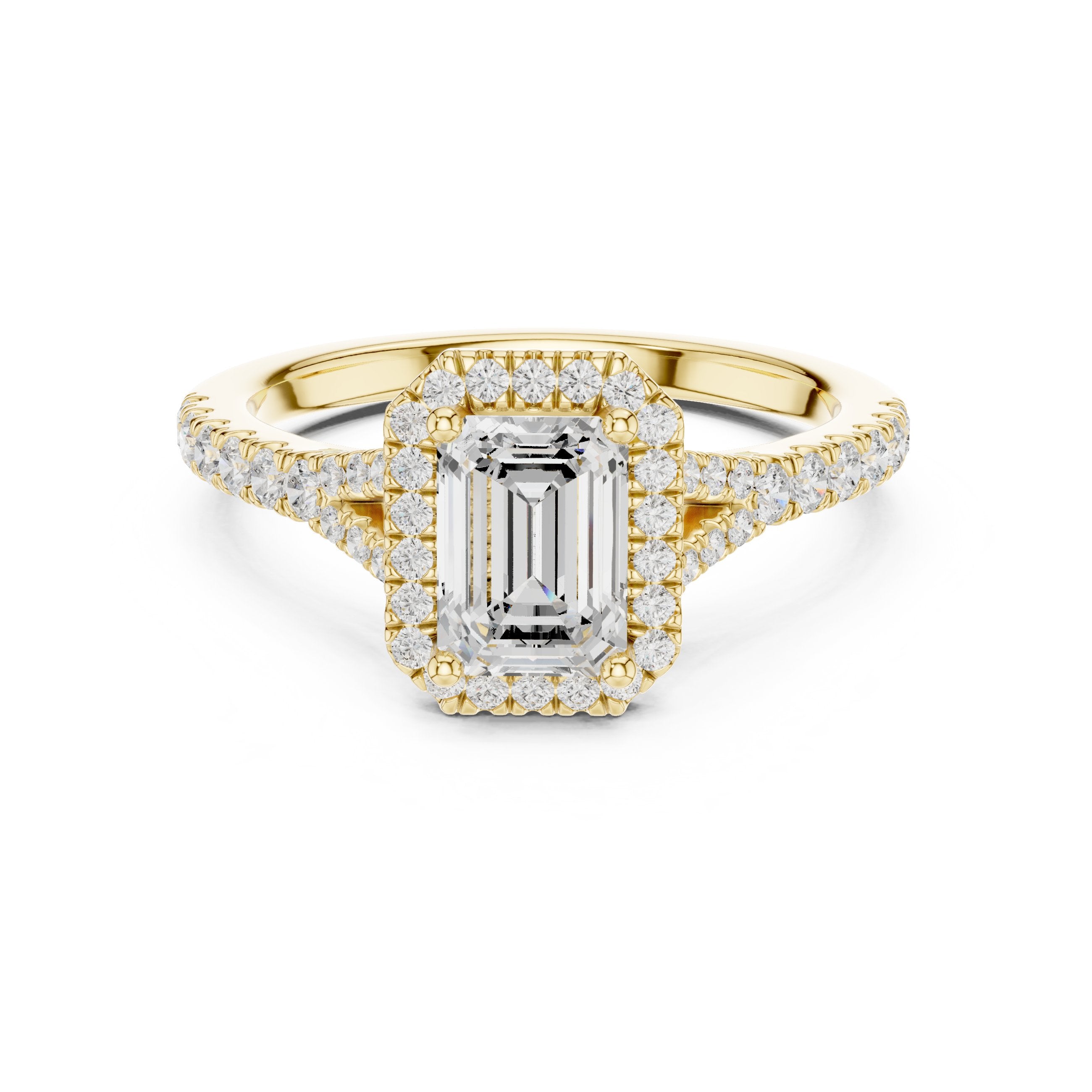 Emerald Cut Halo Engagement Ring with Split Shank Pavé Band in Yellow Gold - VYKA Diamonds