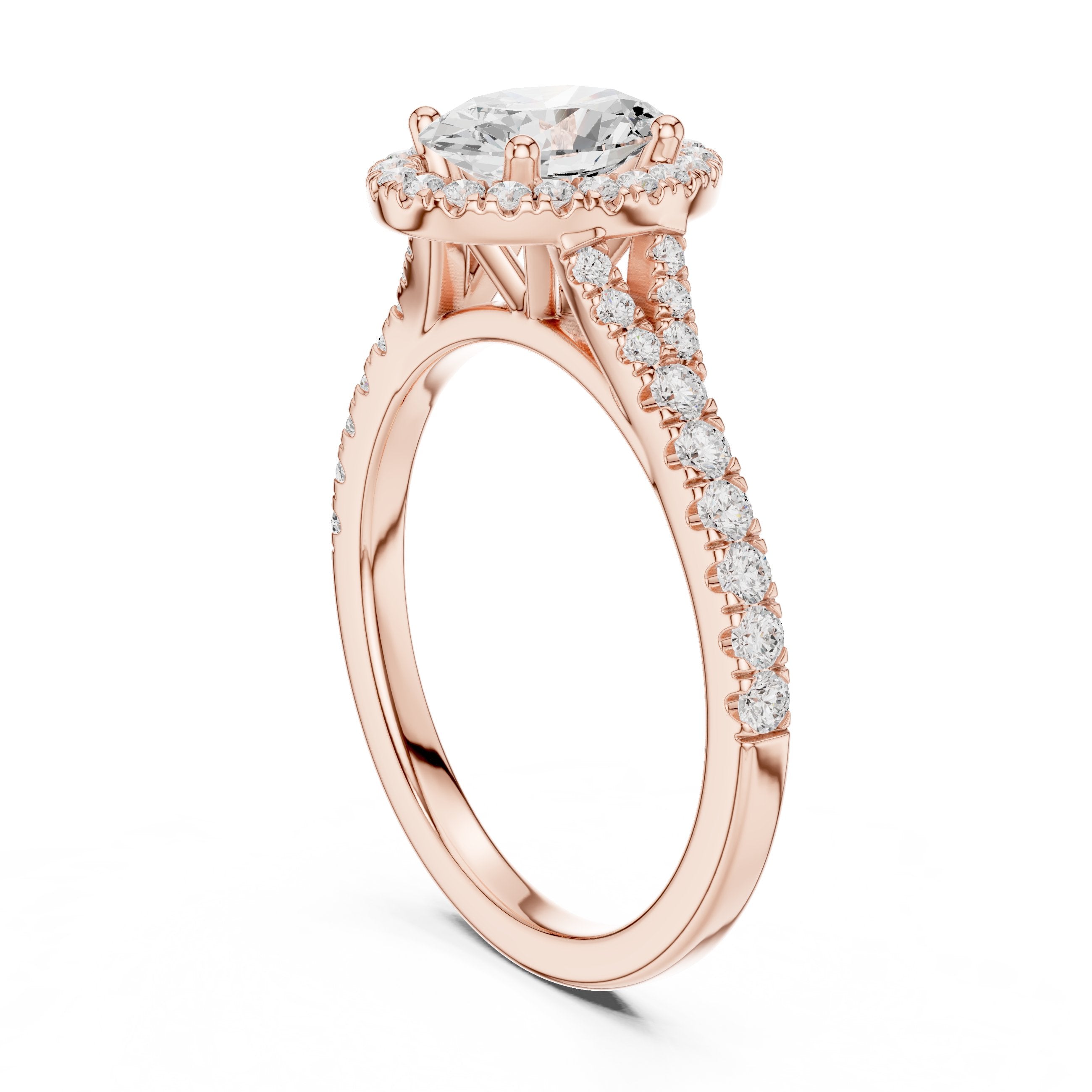 Oval Diamond Halo Engagement Ring with Double Band Split Shank Pavé in Rose Gold - VYKA Diamonds