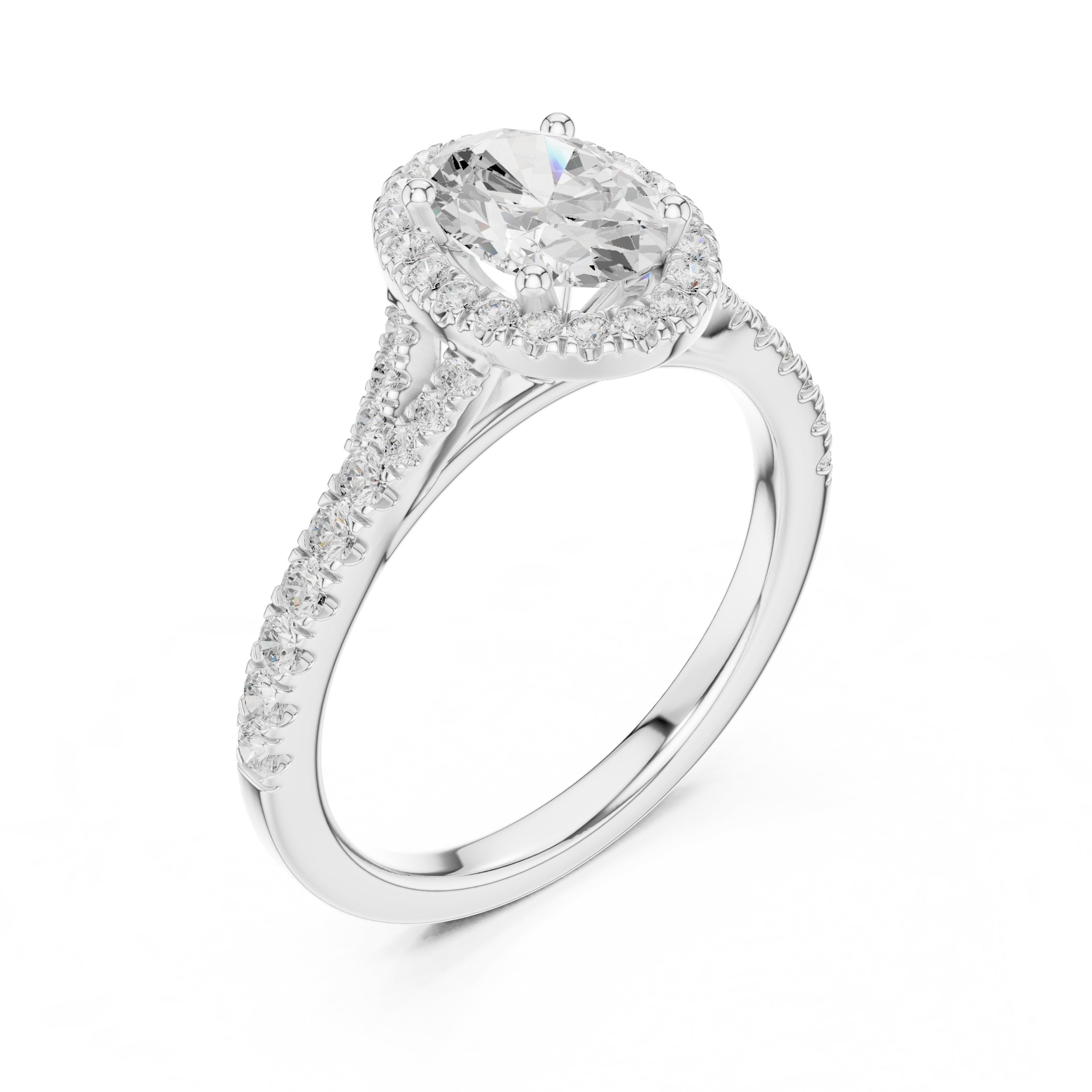 Oval Diamond Halo Engagement Ring with Double Band Split Shank Pavé in White Gold - VYKA Diamonds