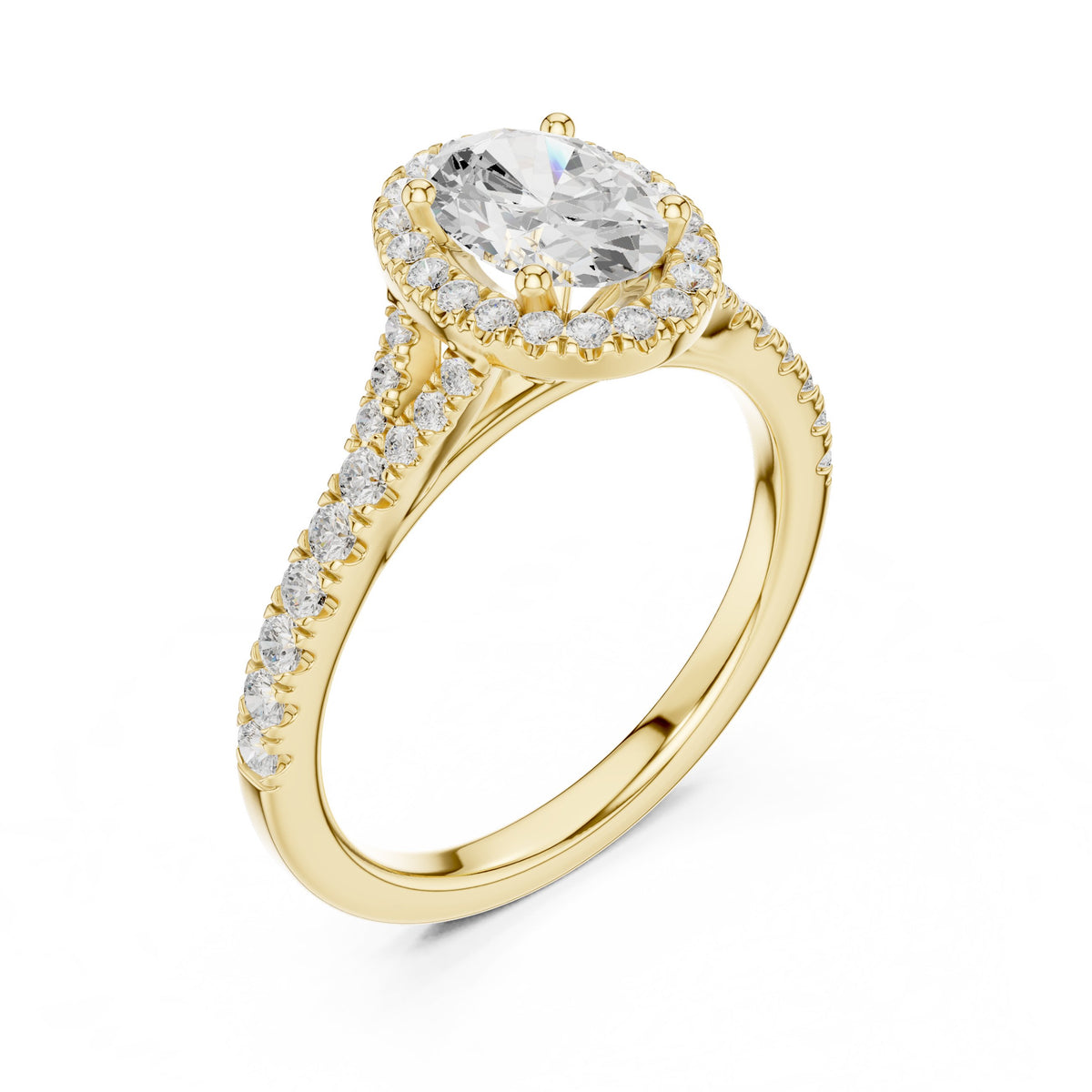 Oval Diamond Halo Engagement Ring with Double Band Split Shank Pavé