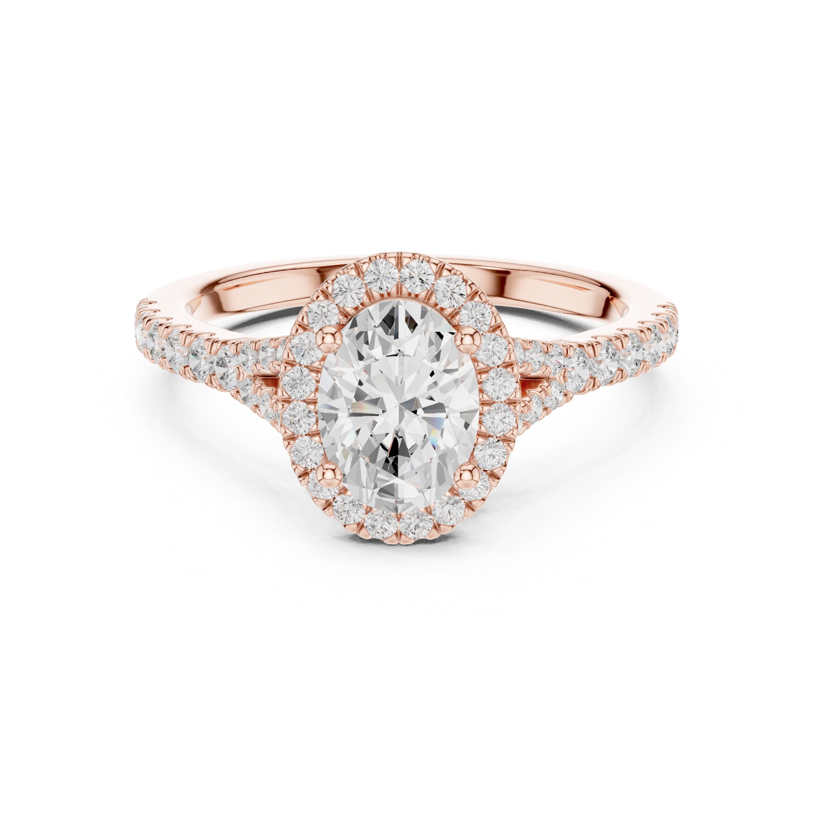Oval Diamond Halo Engagement Ring with Double Band Split Shank Pavé in Rose Gold - VYKA Diamonds