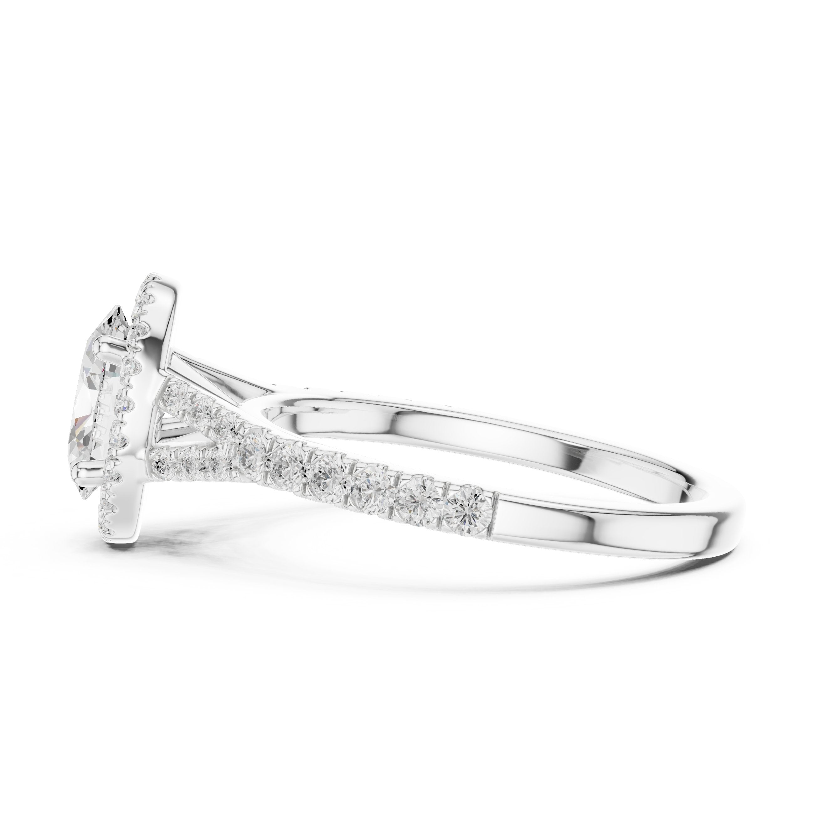 Oval Diamond Halo Engagement Ring with Double Band Split Shank Pavé in White Gold - VYKA Diamonds
