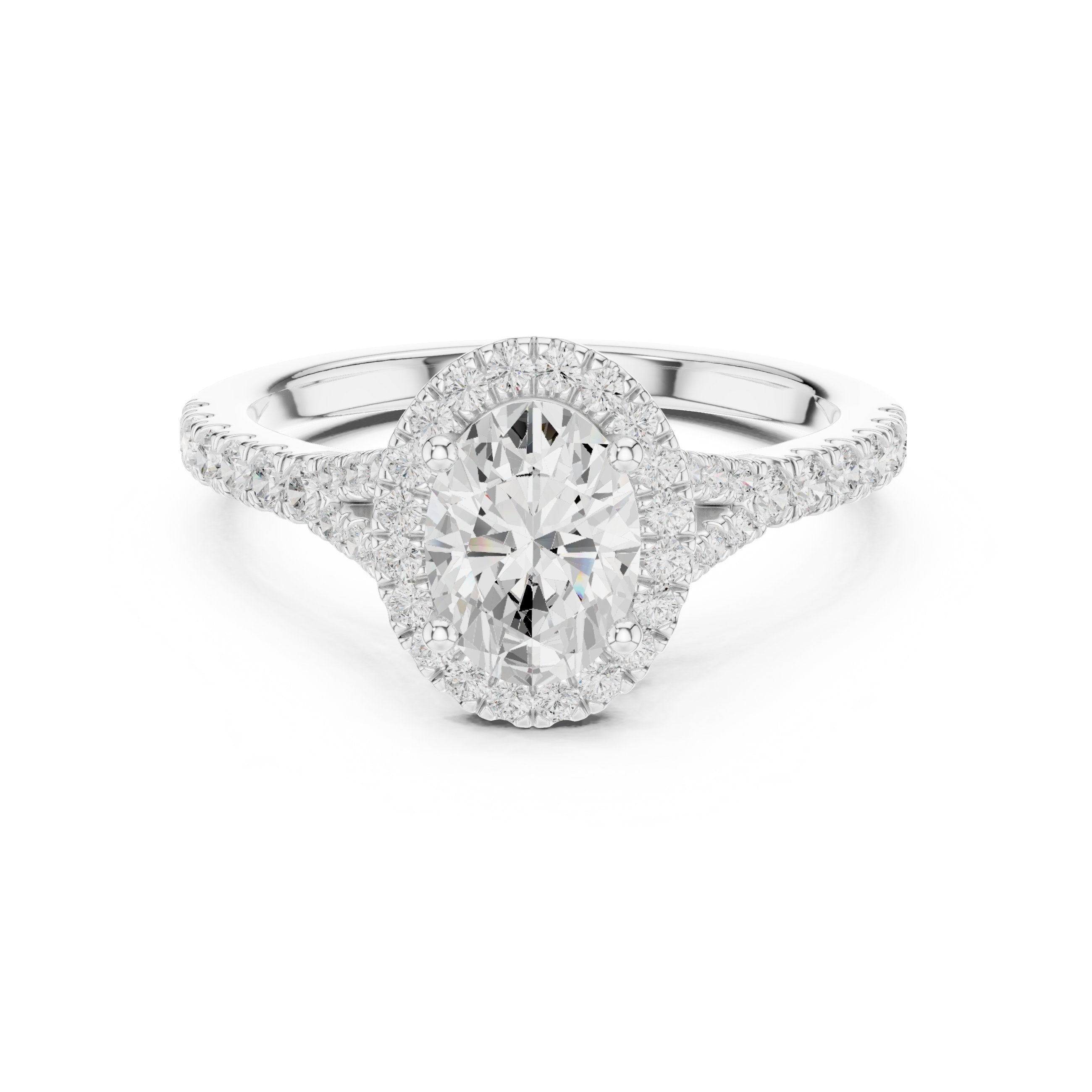 Oval Diamond Halo Engagement Ring with Double Band Split Shank Pavé in White Gold - VYKA Diamonds