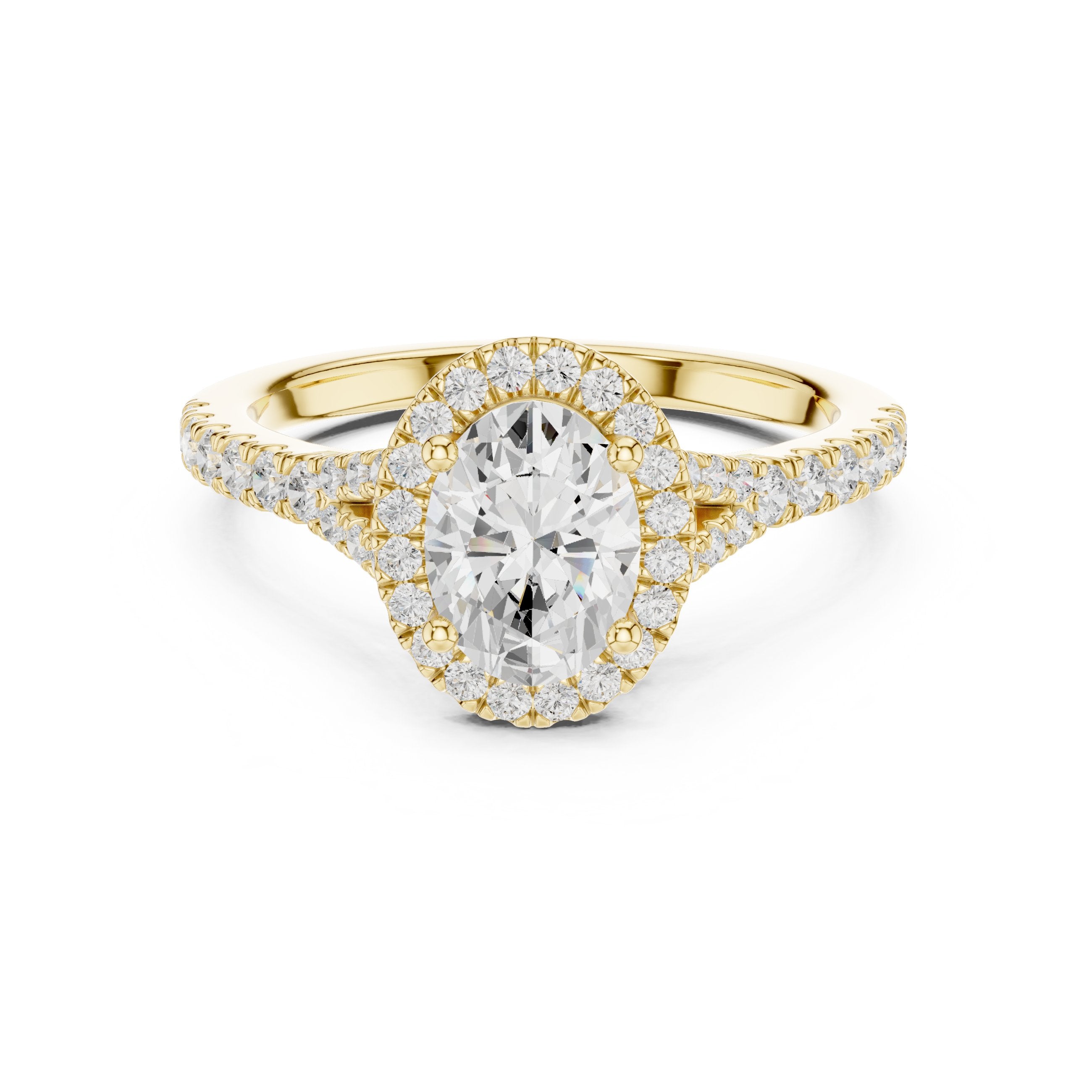Oval Diamond Halo Engagement Ring with Double Band Split Shank Pavé in Yellow Gold - VYKA Diamonds