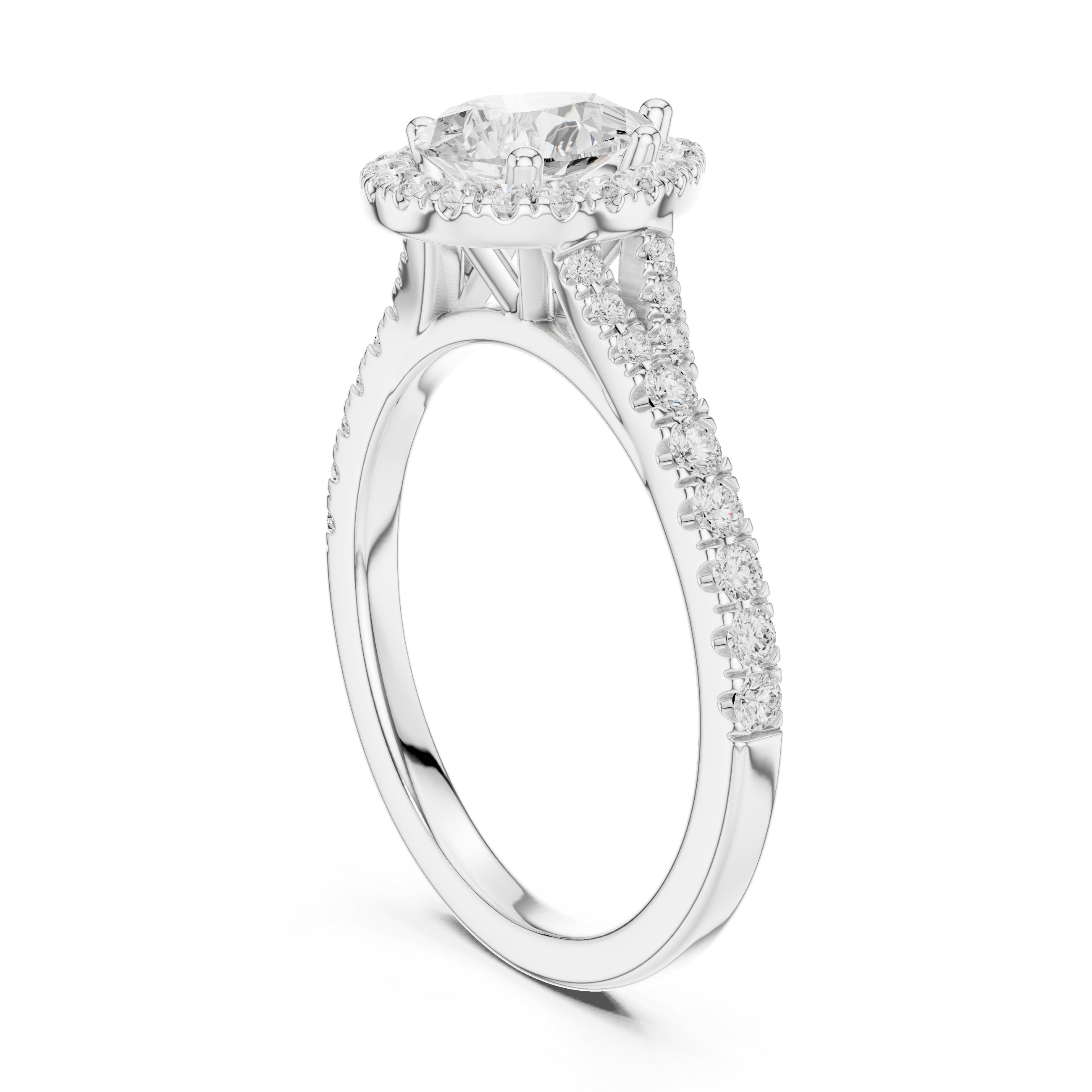 Pear Diamond Halo Engagement Ring with Pavé Band in White Gold - VYKA Diamonds