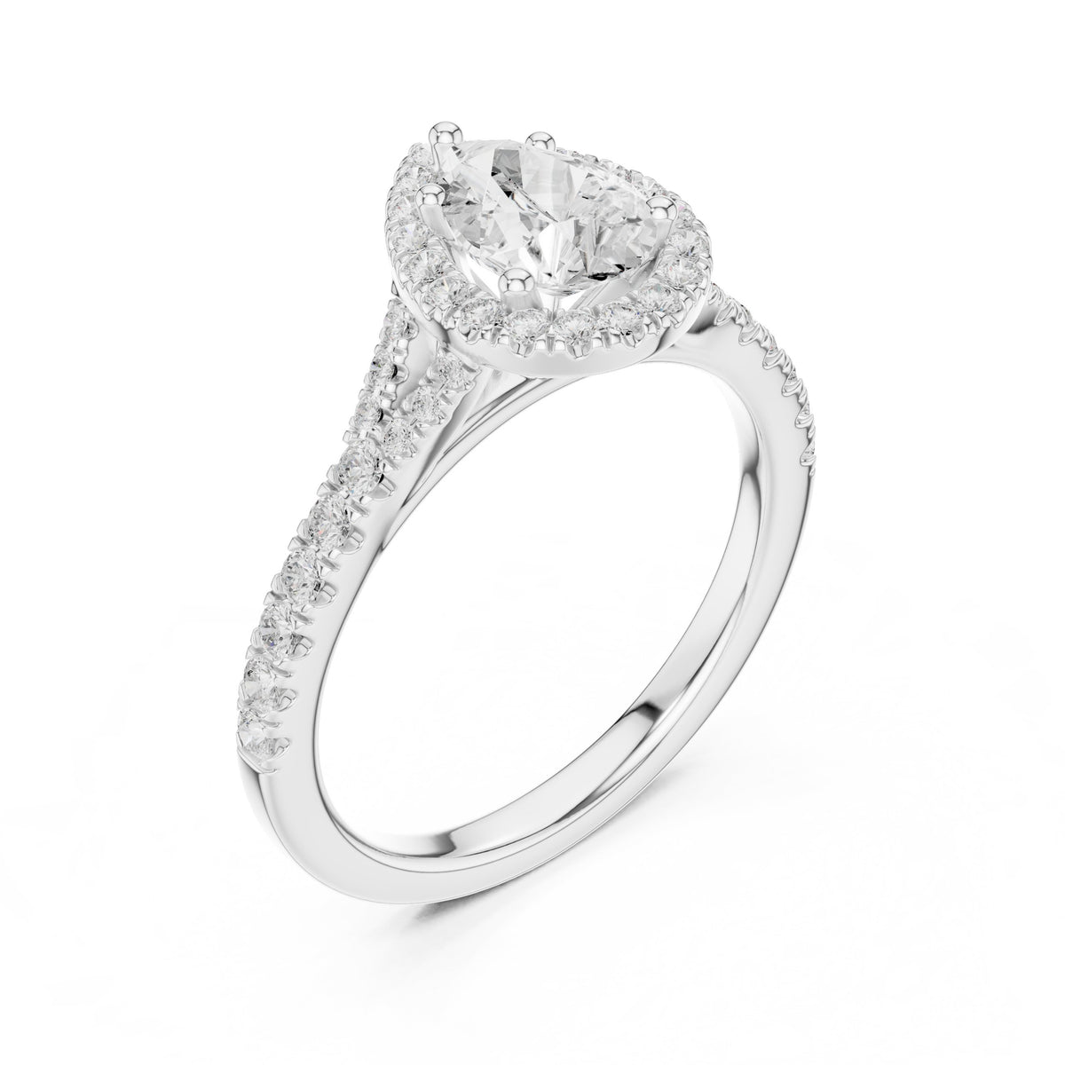 Pear Diamond Halo Engagement Ring with Pavé Band