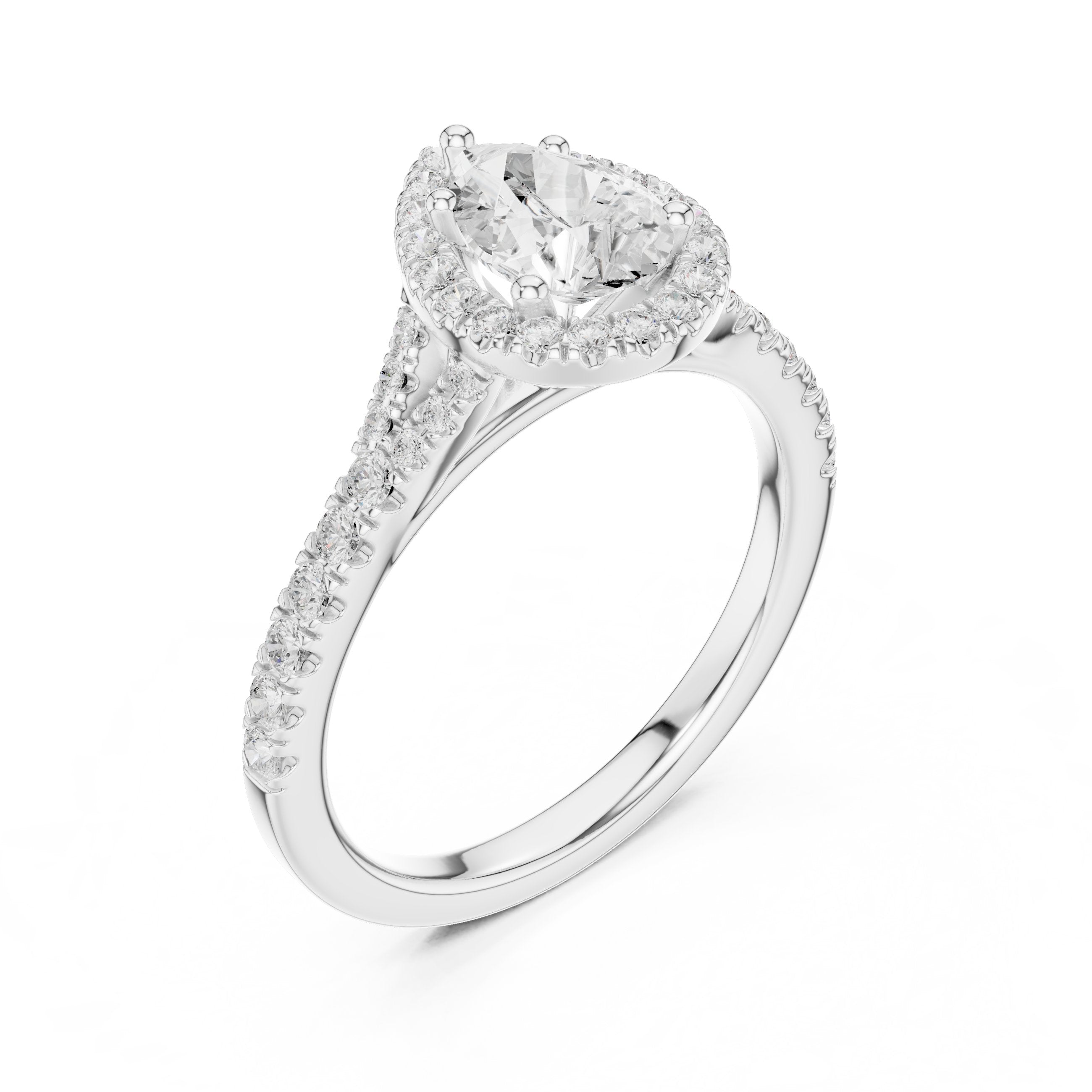 Pear Diamond Halo Engagement Ring with Pavé Band in White Gold - VYKA Diamonds
