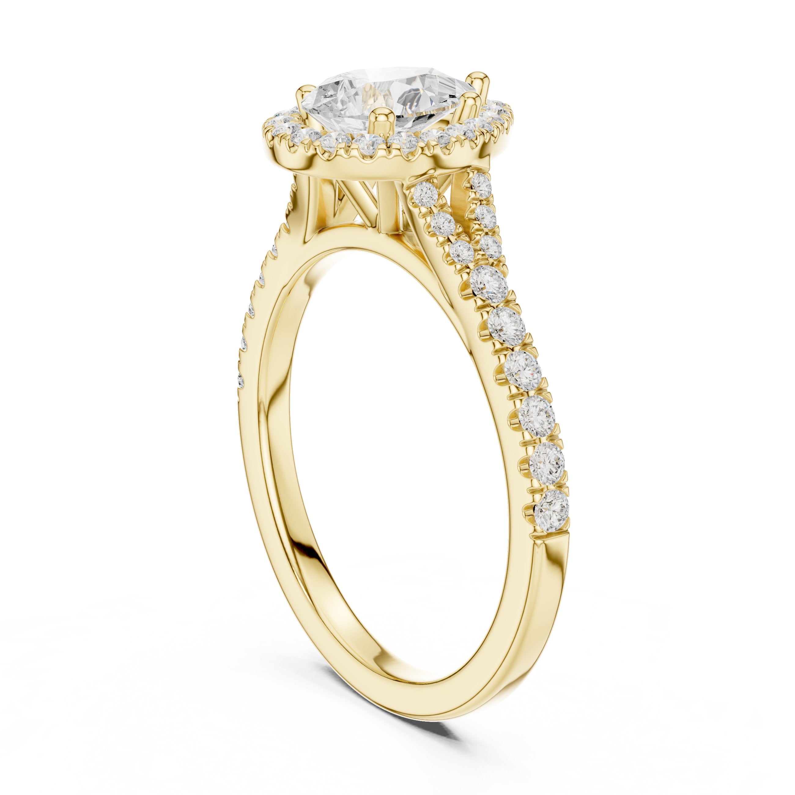 Pear Diamond Halo Engagement Ring with Pavé Band in Yellow Gold - VYKA Diamonds