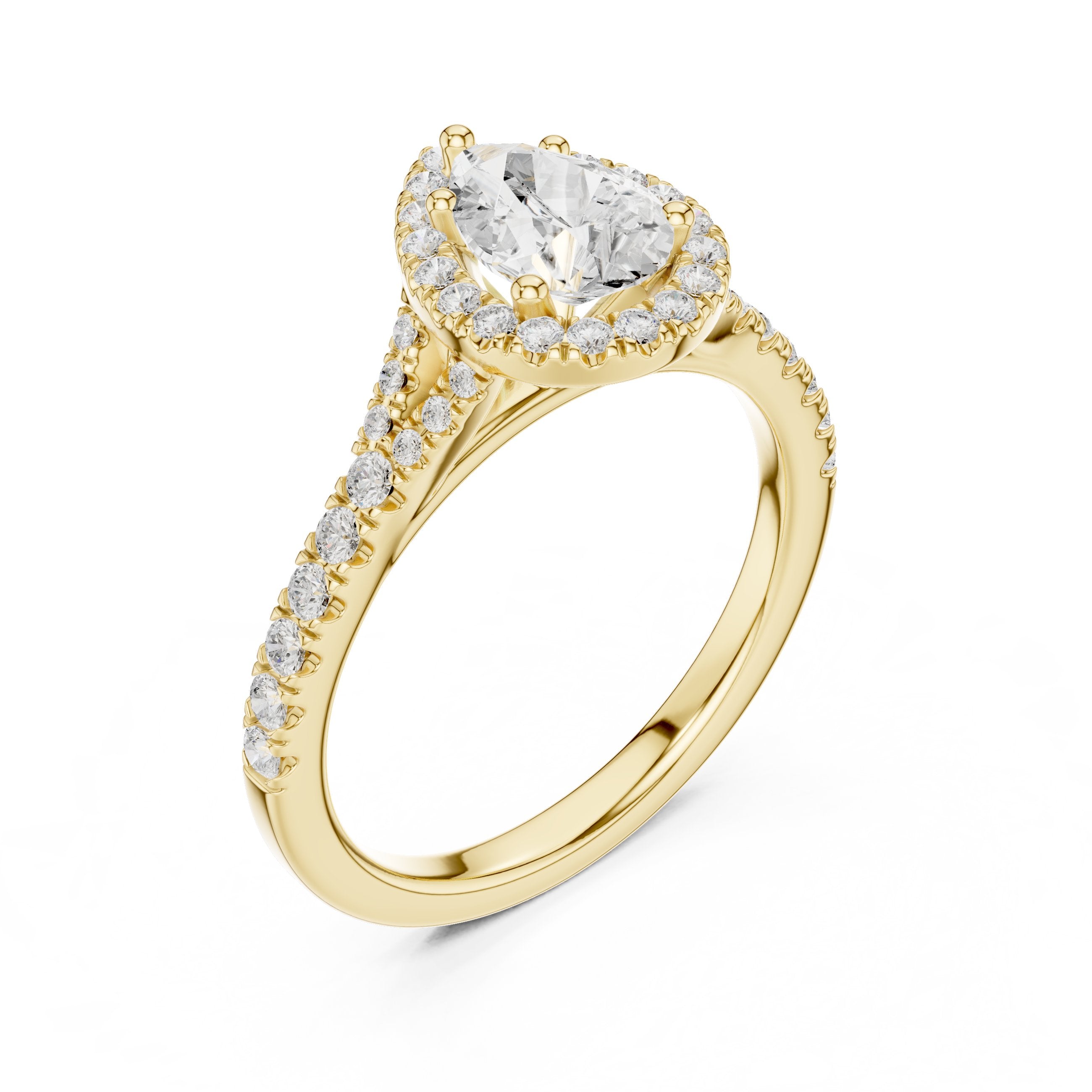 Pear Diamond Halo Engagement Ring with Pavé Band in Yellow Gold - VYKA Diamonds