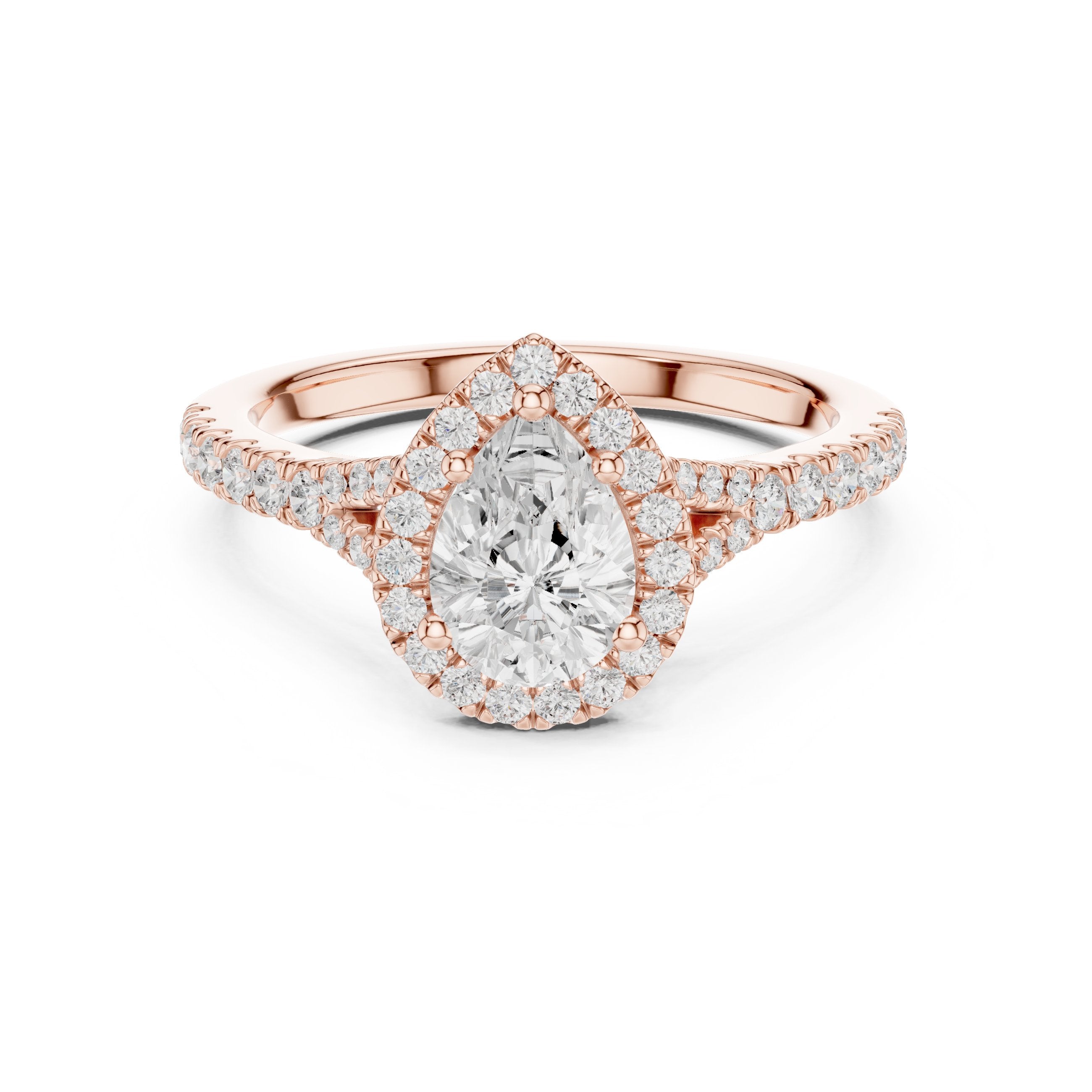 Pear Diamond Halo Engagement Ring with Pavé Band in Rose Gold - VYKA Diamonds