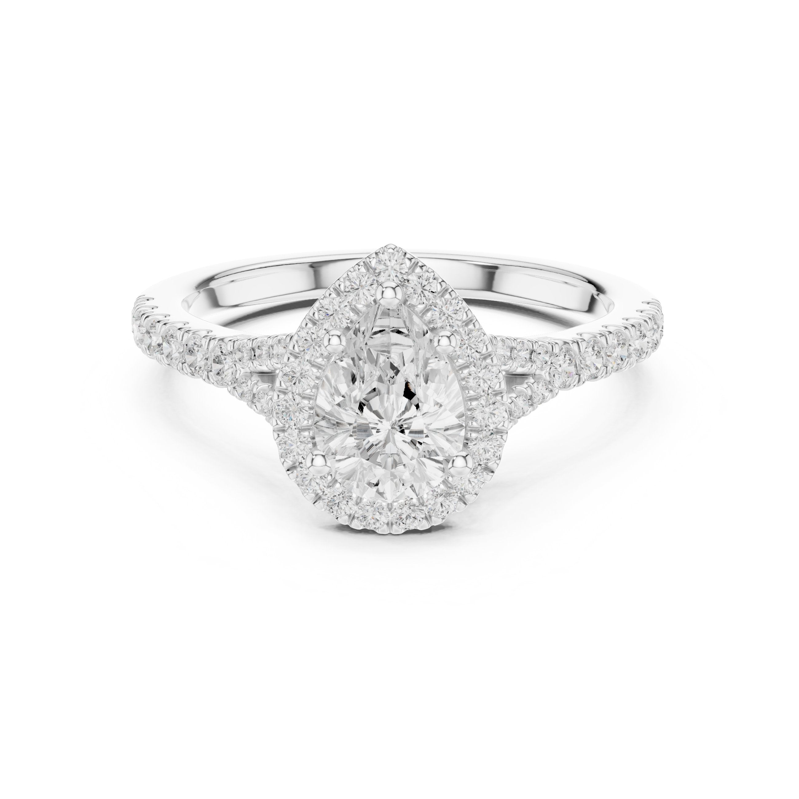 Pear Diamond Halo Engagement Ring with Pavé Band in White Gold - VYKA Diamonds