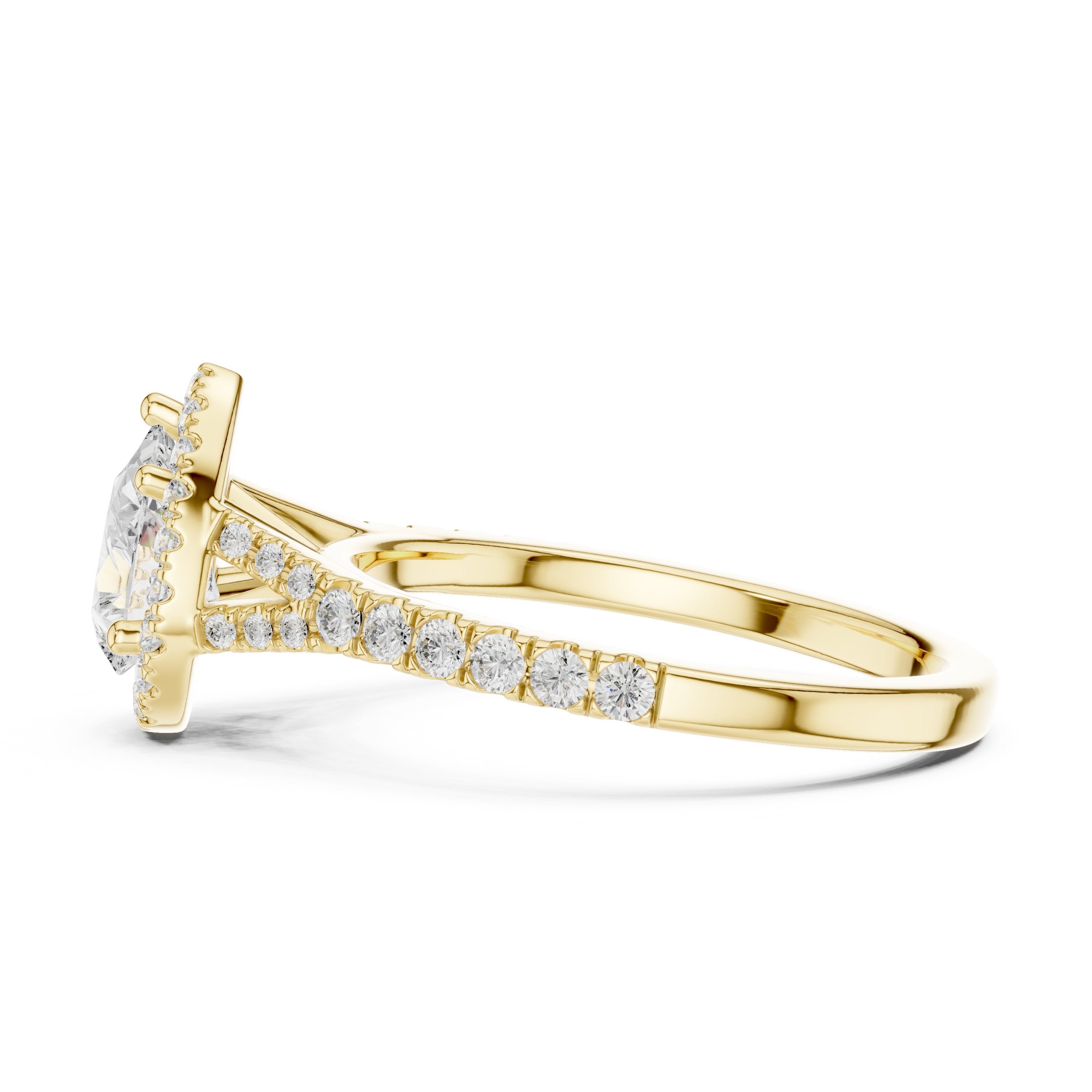 Pear Diamond Halo Engagement Ring with Pavé Band in Yellow Gold - VYKA Diamonds