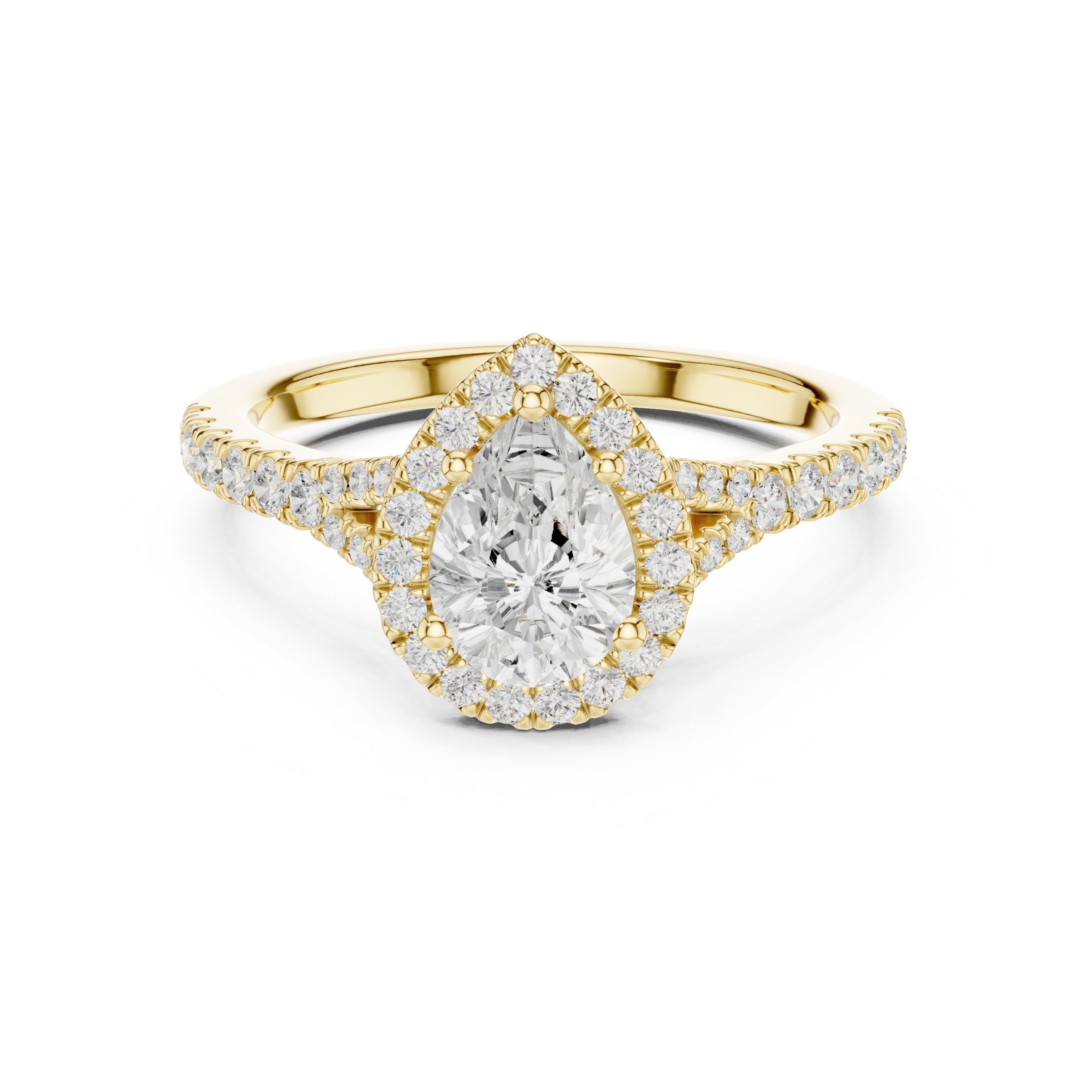 Pear Diamond Halo Engagement Ring with Pavé Band in Yellow Gold - VYKA Diamonds