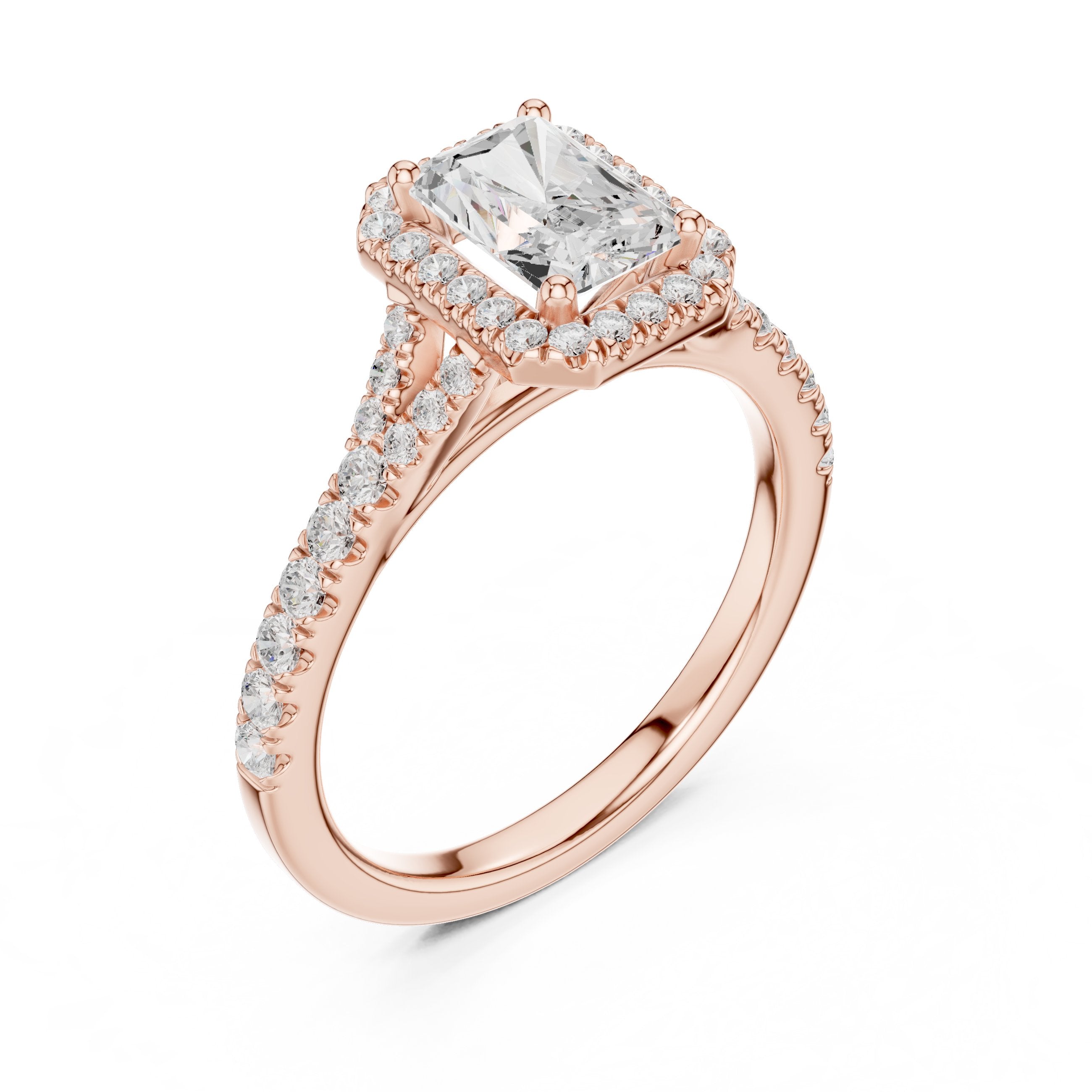 Radiant Cut Halo Engagement Ring with Split Shank Pavé Band in Rose Gold - VYKA Diamonds