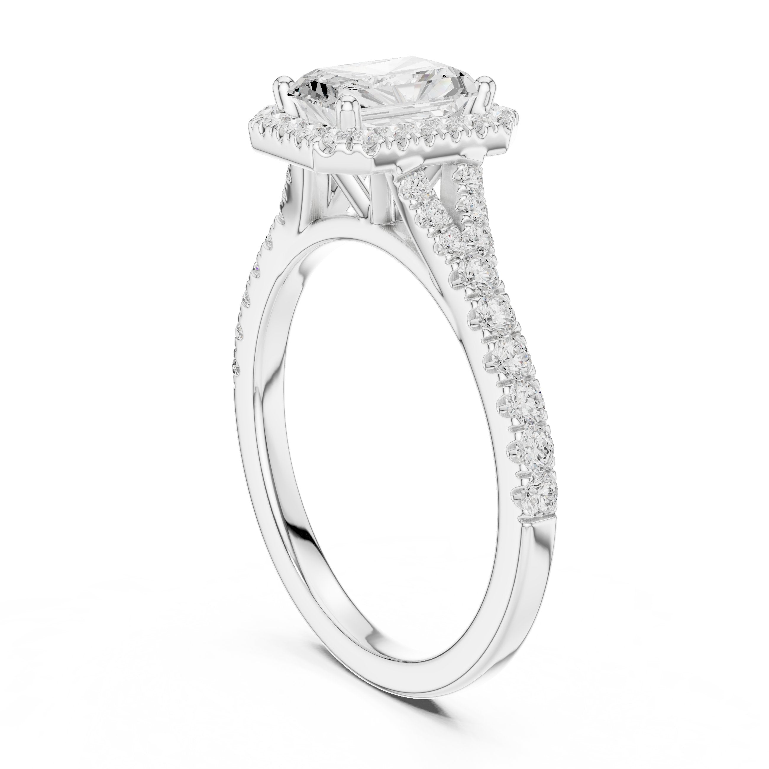 Radiant Cut Halo Engagement Ring with Split Shank Pavé Band in White Gold - VYKA Diamonds