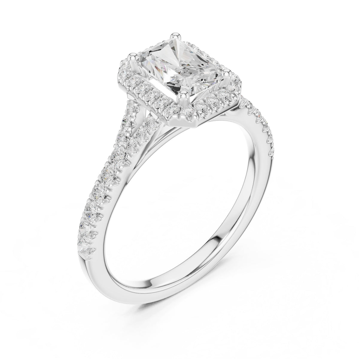 Radiant Cut Halo Engagement Ring with Split Shank Pavé Band