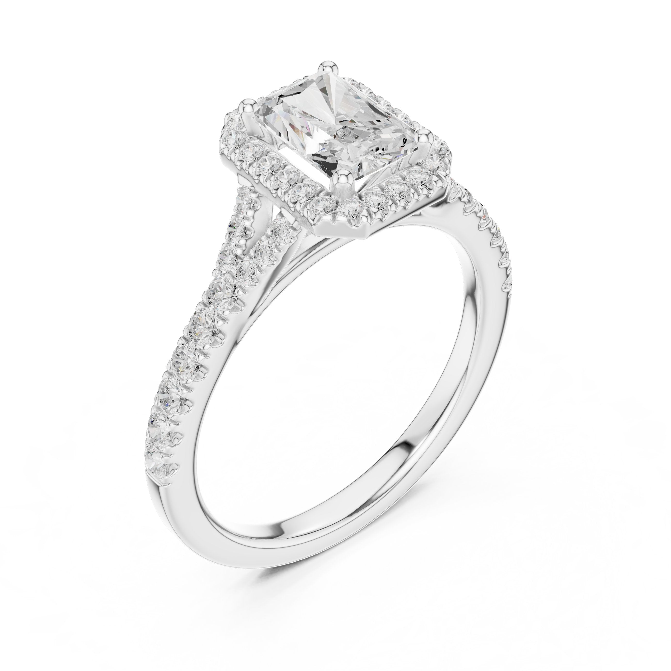 Radiant Cut Halo Engagement Ring with Split Shank Pavé Band in White Gold - VYKA Diamonds