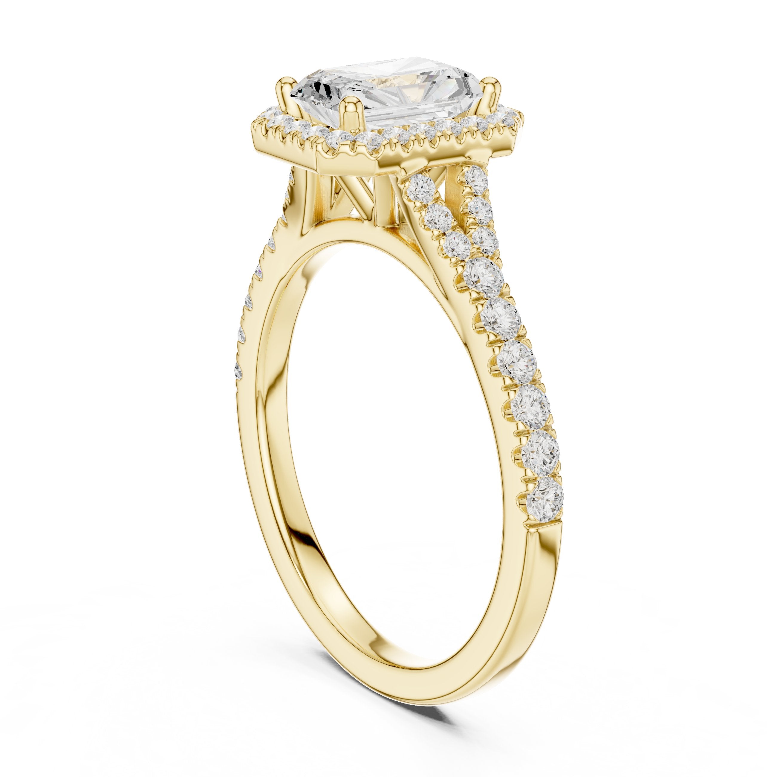 Radiant Cut Halo Engagement Ring with Split Shank Pavé Band in Yellow Gold - VYKA Diamonds