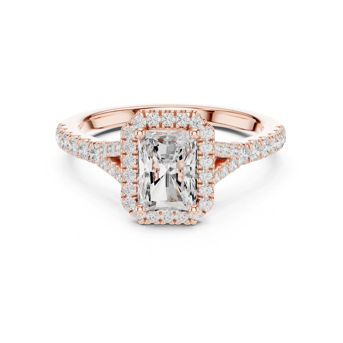 Radiant Cut Halo Engagement Ring with Split Shank Pavé Band