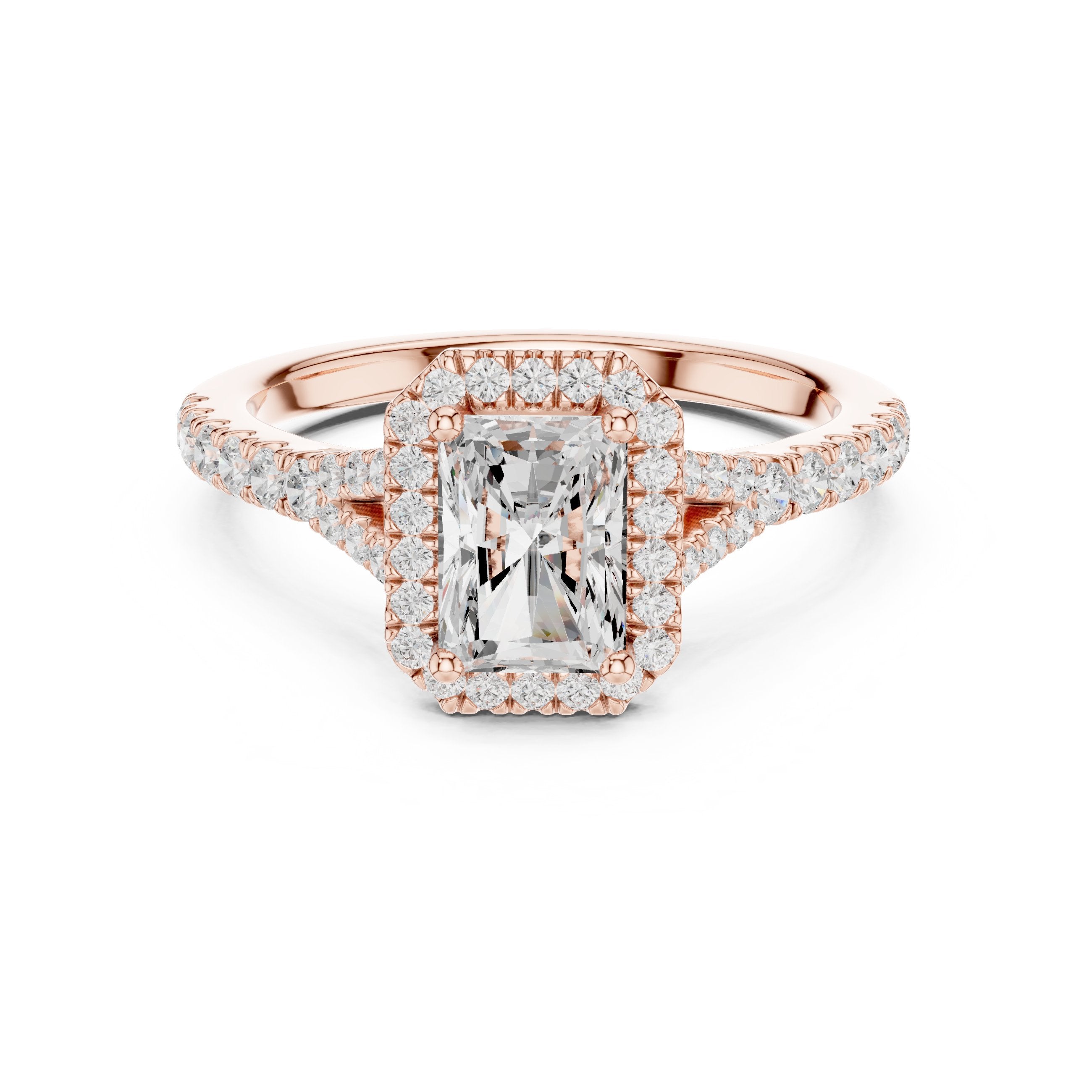 Radiant Cut Halo Engagement Ring with Split Shank Pavé Band in Rose Gold - VYKA Diamonds