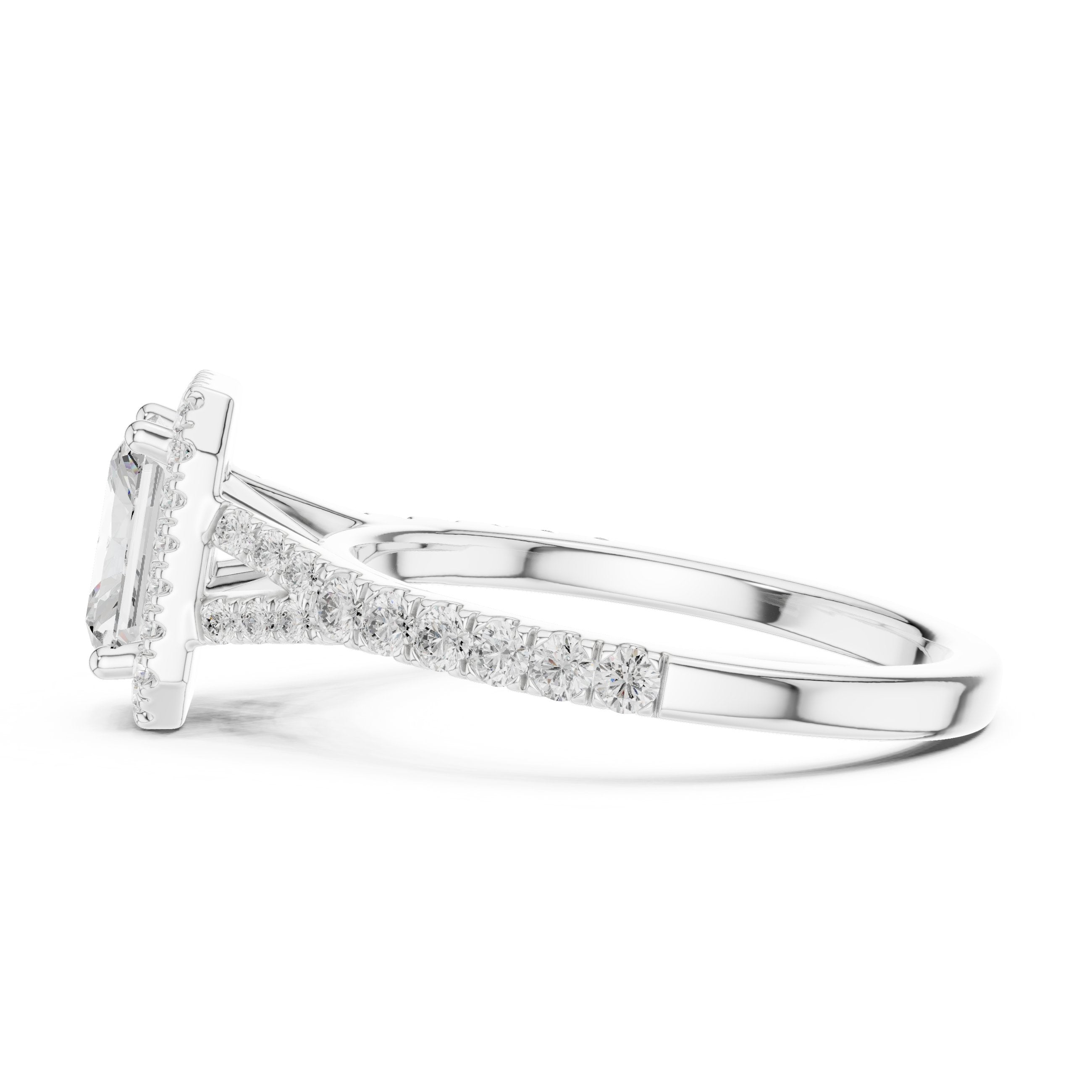Radiant Cut Halo Engagement Ring with Split Shank Pavé Band in White Gold - VYKA Diamonds