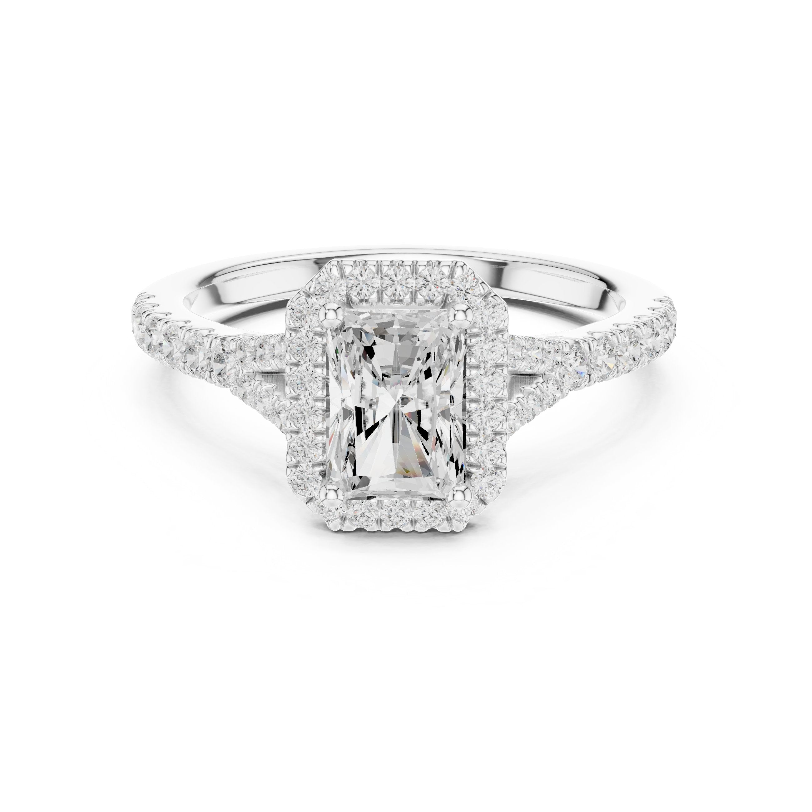 Radiant Cut Halo Engagement Ring with Split Shank Pavé Band in White Gold - VYKA Diamonds