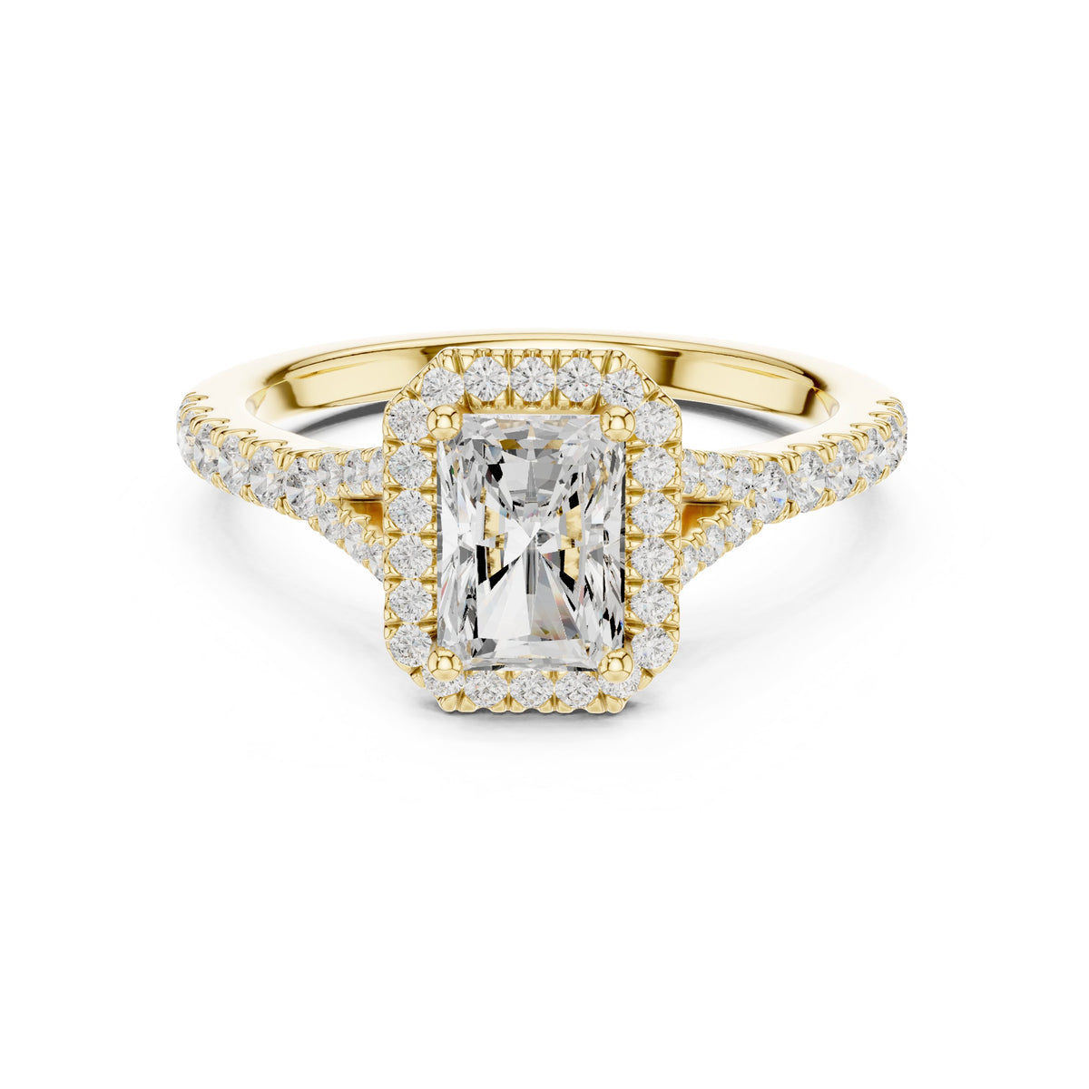 Radiant Cut Halo Engagement Ring with Split Shank Pavé Band