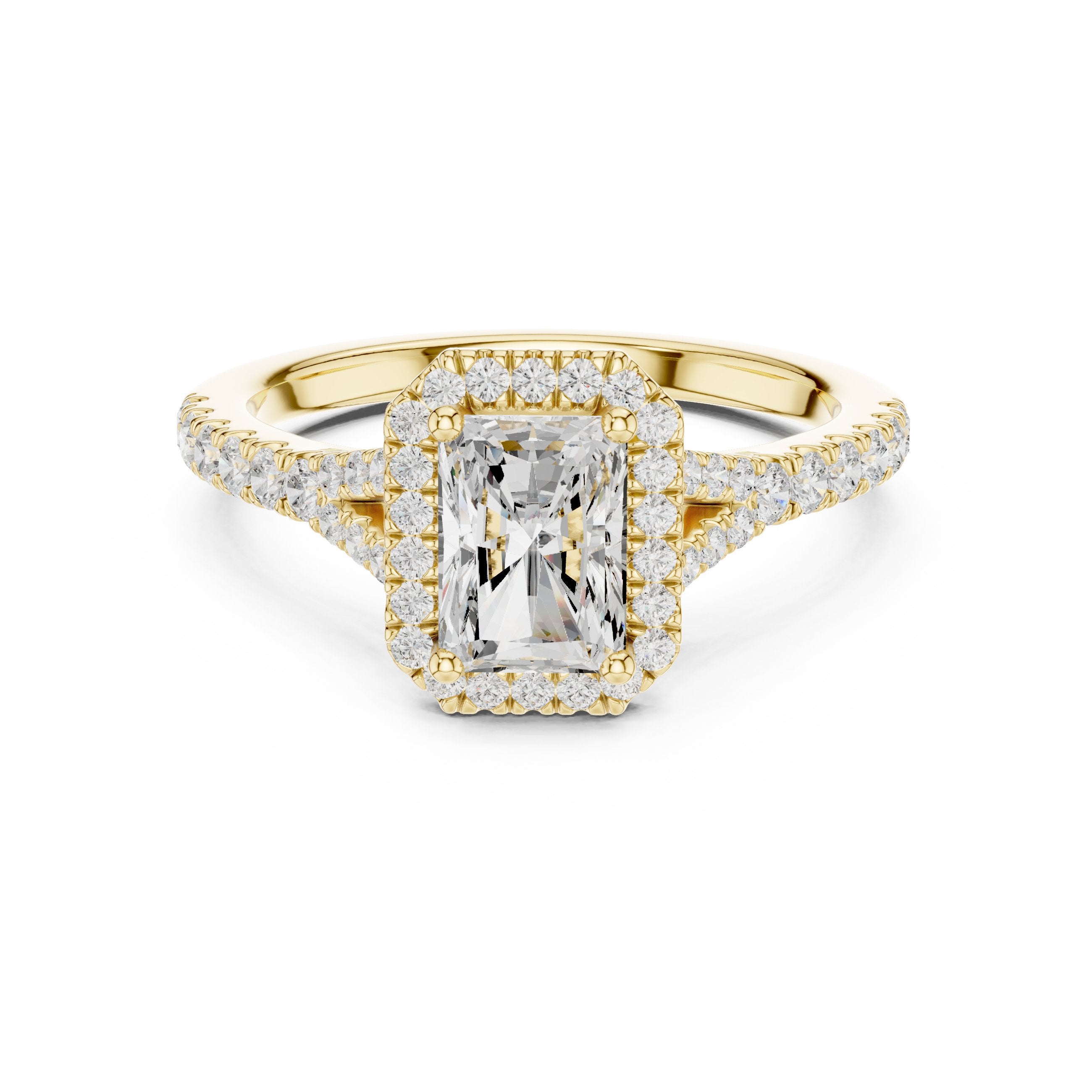 Radiant Cut Halo Engagement Ring with Split Shank Pavé Band in Yellow Gold - VYKA Diamonds