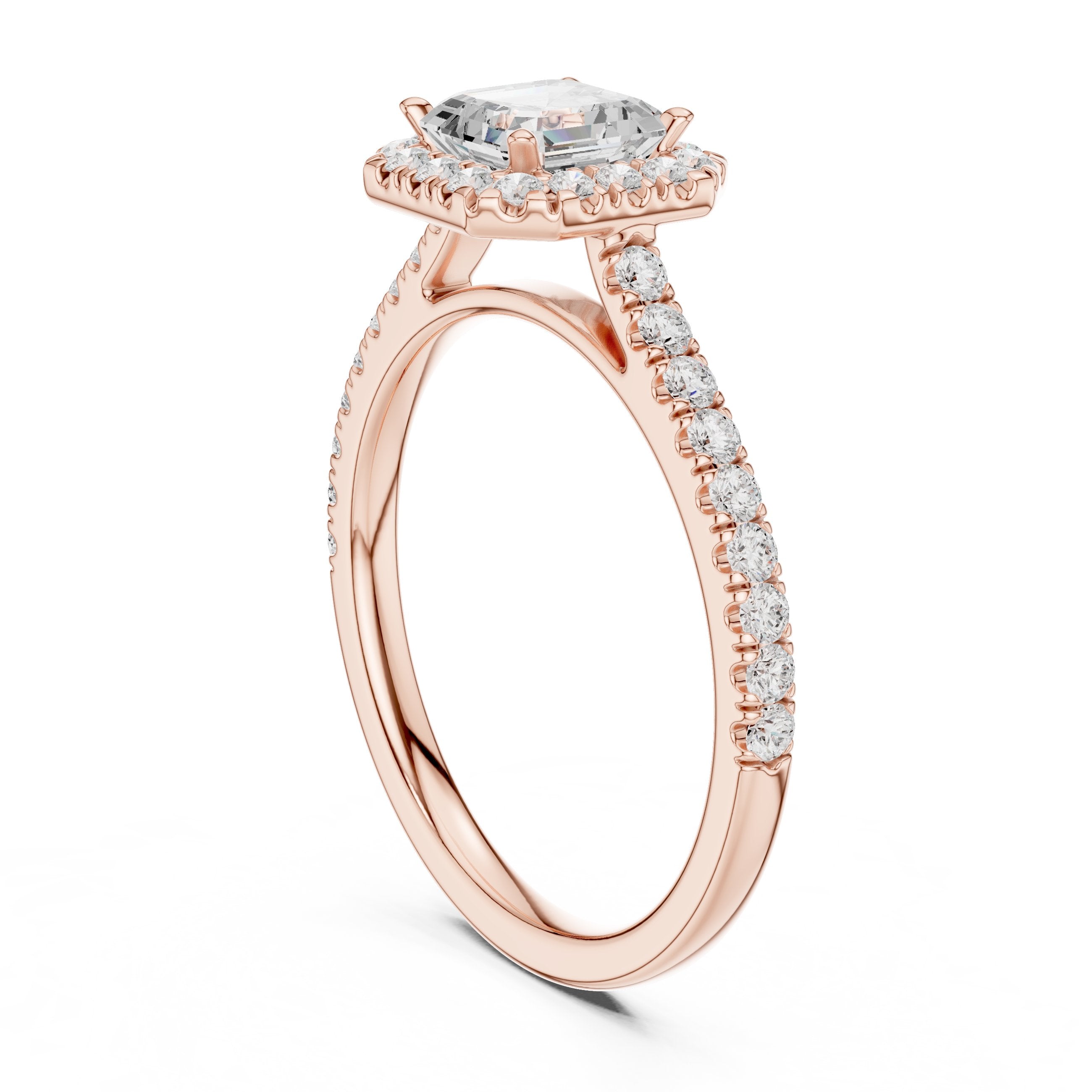 Asscher Cut Halo Engagement Ring with Pavé Band in Rose Gold - VYKA Diamonds