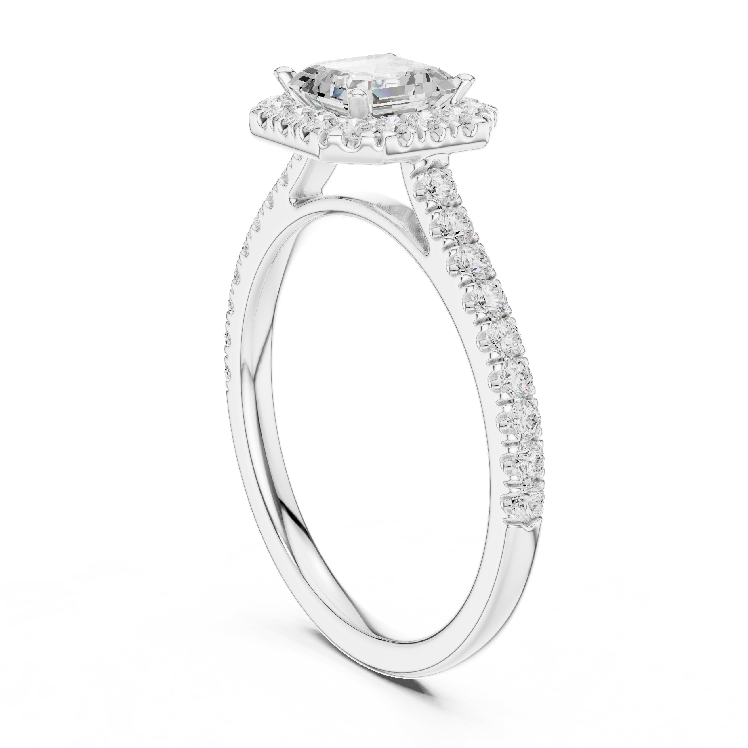 Asscher Cut Halo Engagement Ring with Pavé Band in White Gold - VYKA Diamonds