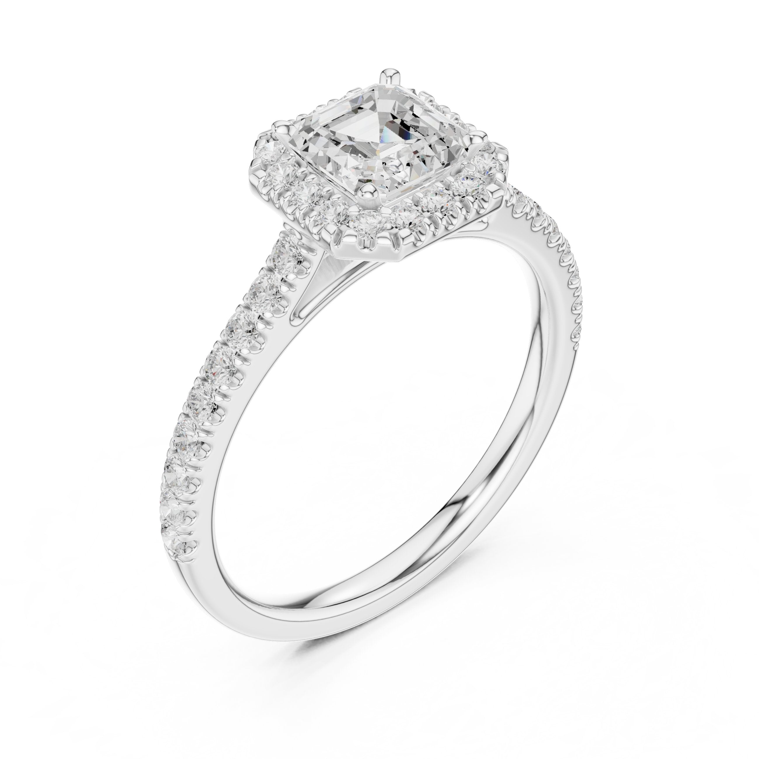 Asscher Cut Halo Engagement Ring with Pavé Band in White Gold - VYKA Diamonds