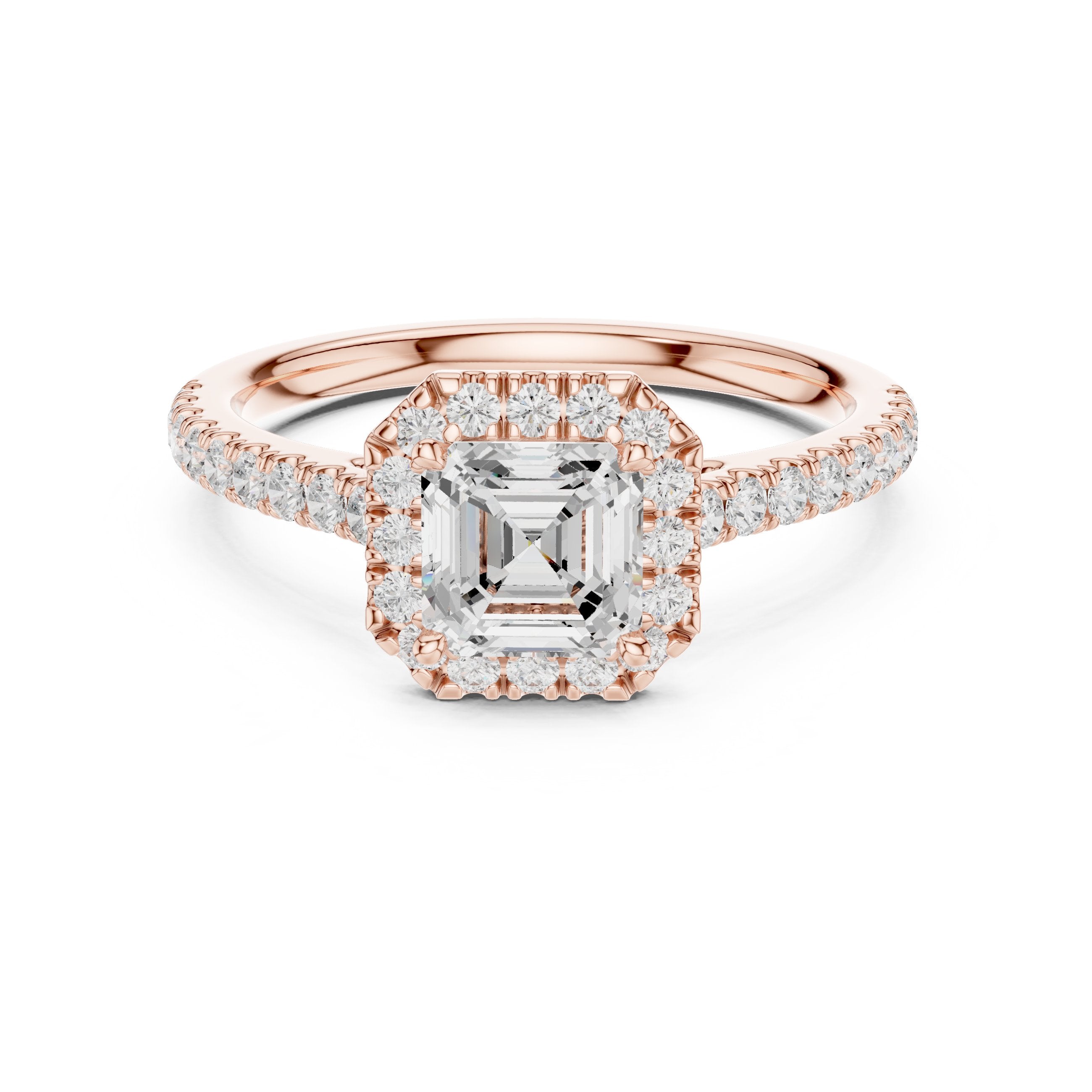 Asscher Cut Halo Engagement Ring with Pavé Band in Rose Gold - VYKA Diamonds
