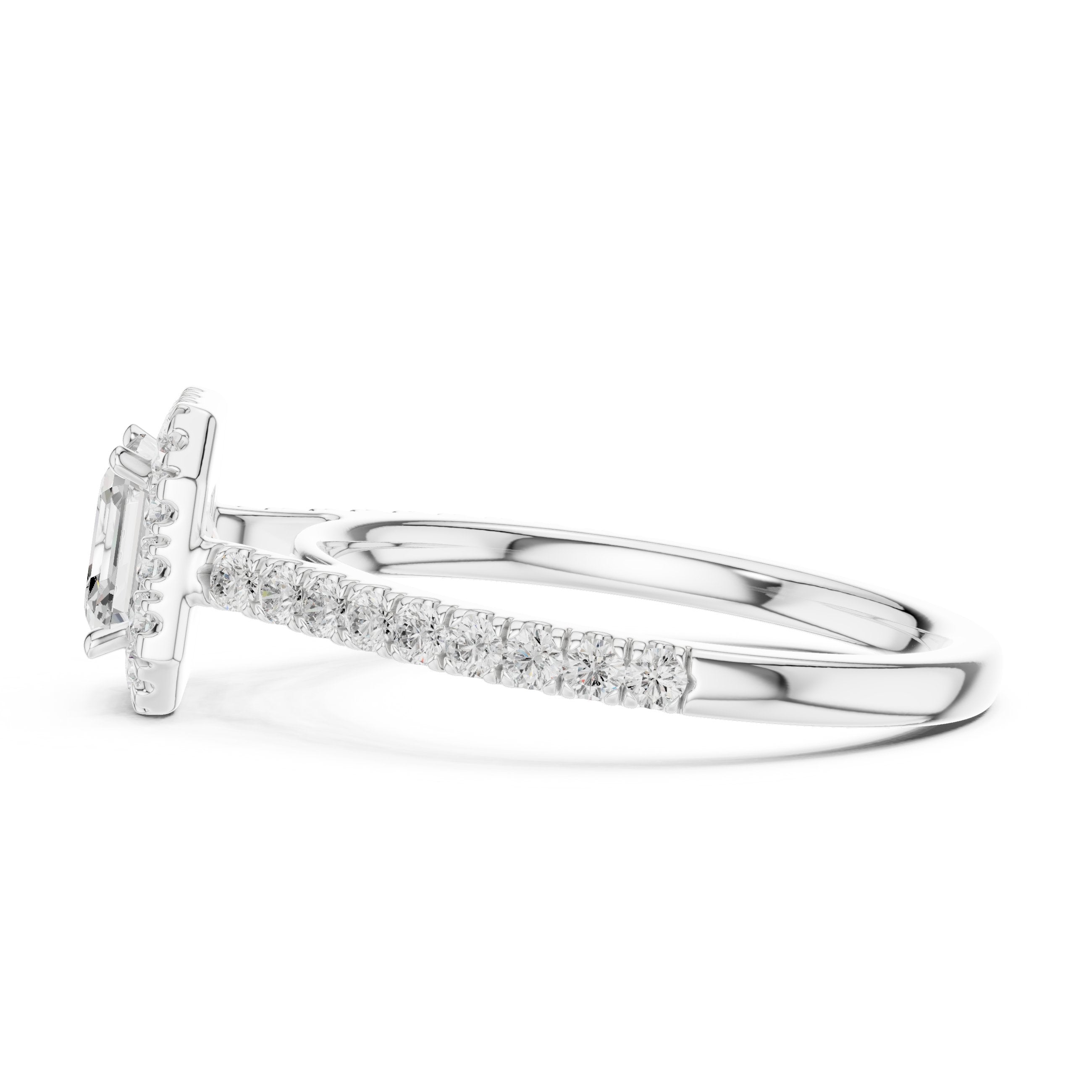 Asscher Cut Halo Engagement Ring with Pavé Band in White Gold - VYKA Diamonds