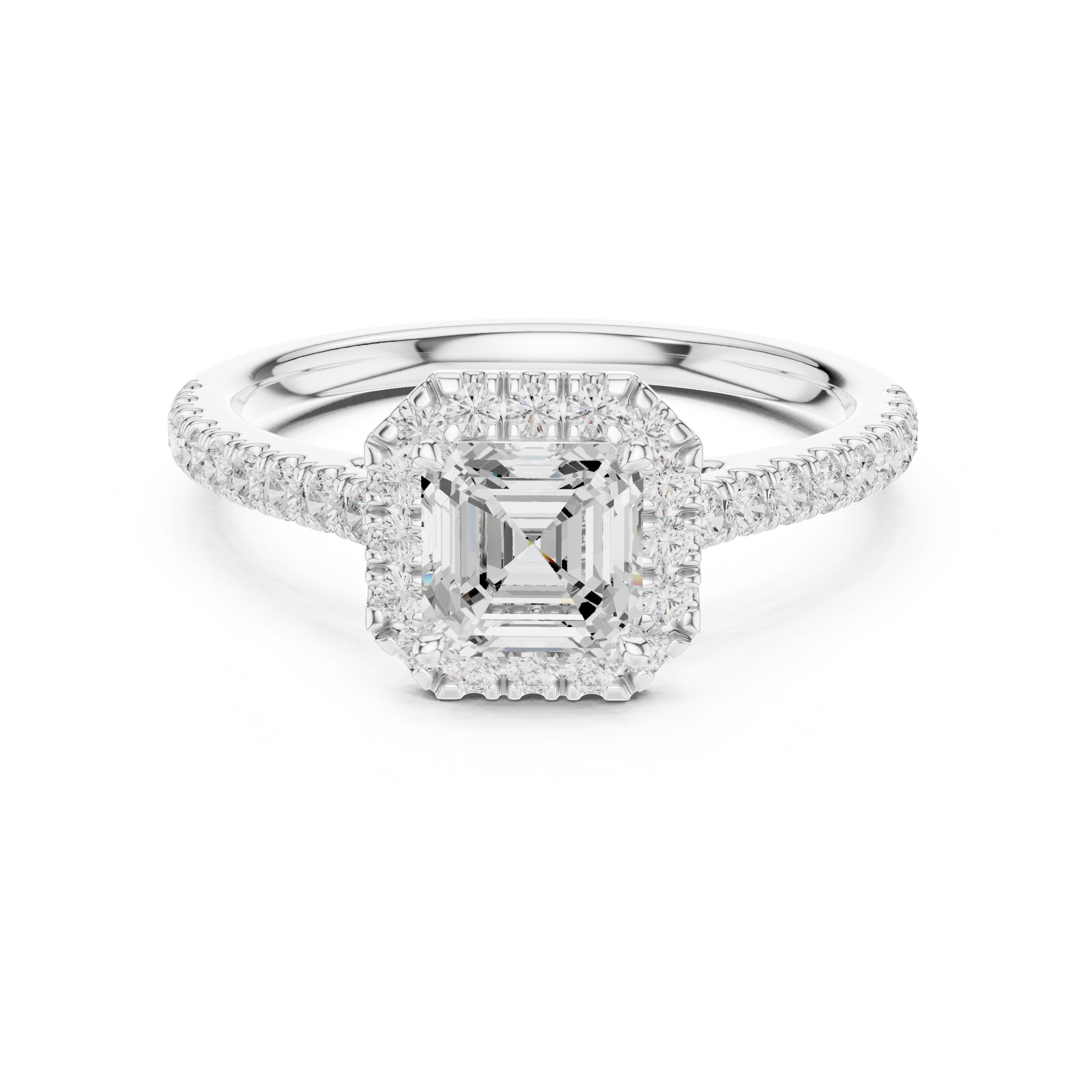 Asscher Cut Halo Engagement Ring with Pavé Band in White Gold - VYKA Diamonds