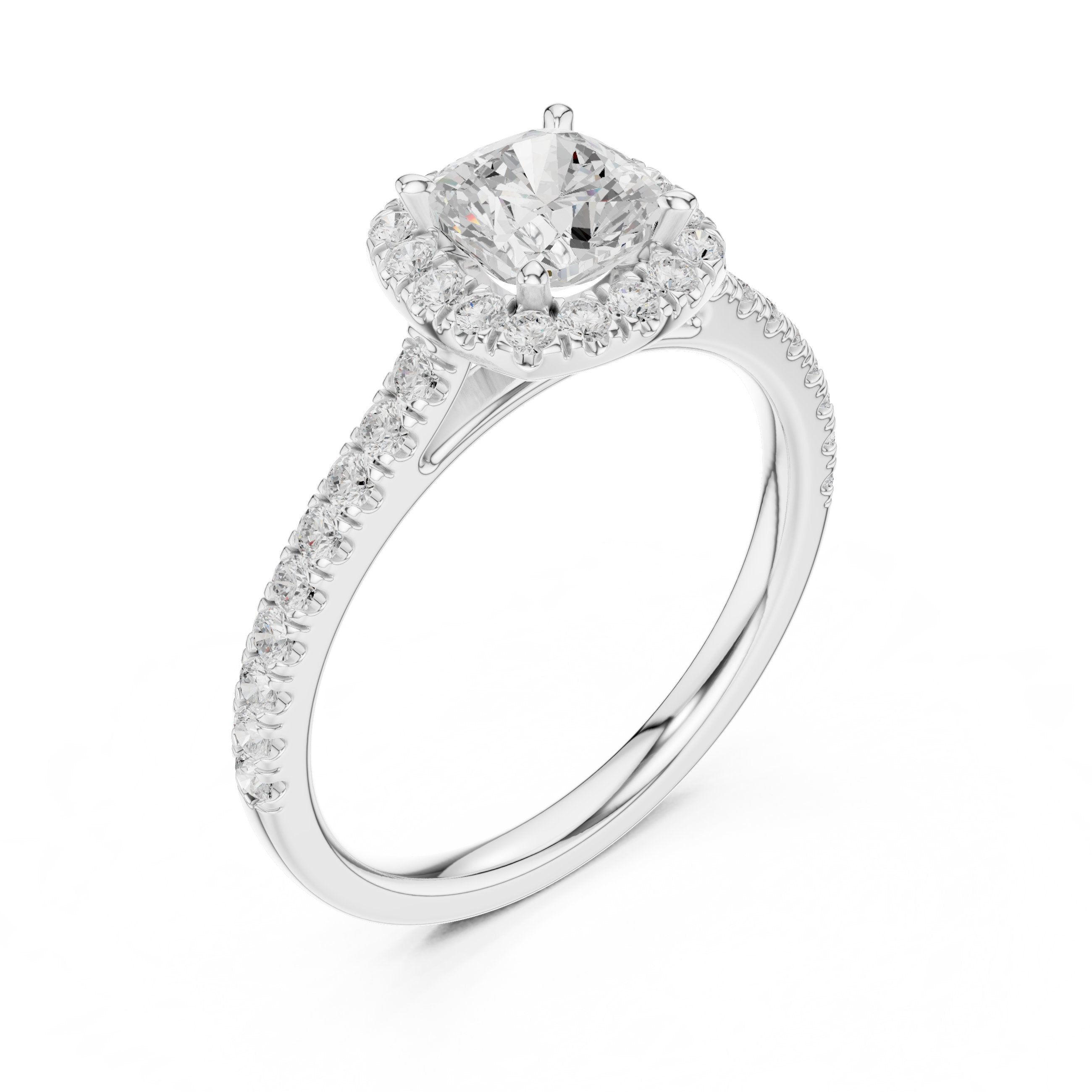 Cushion Cut Halo Engagement Ring with Pavé Band in White Gold - VYKA Diamonds