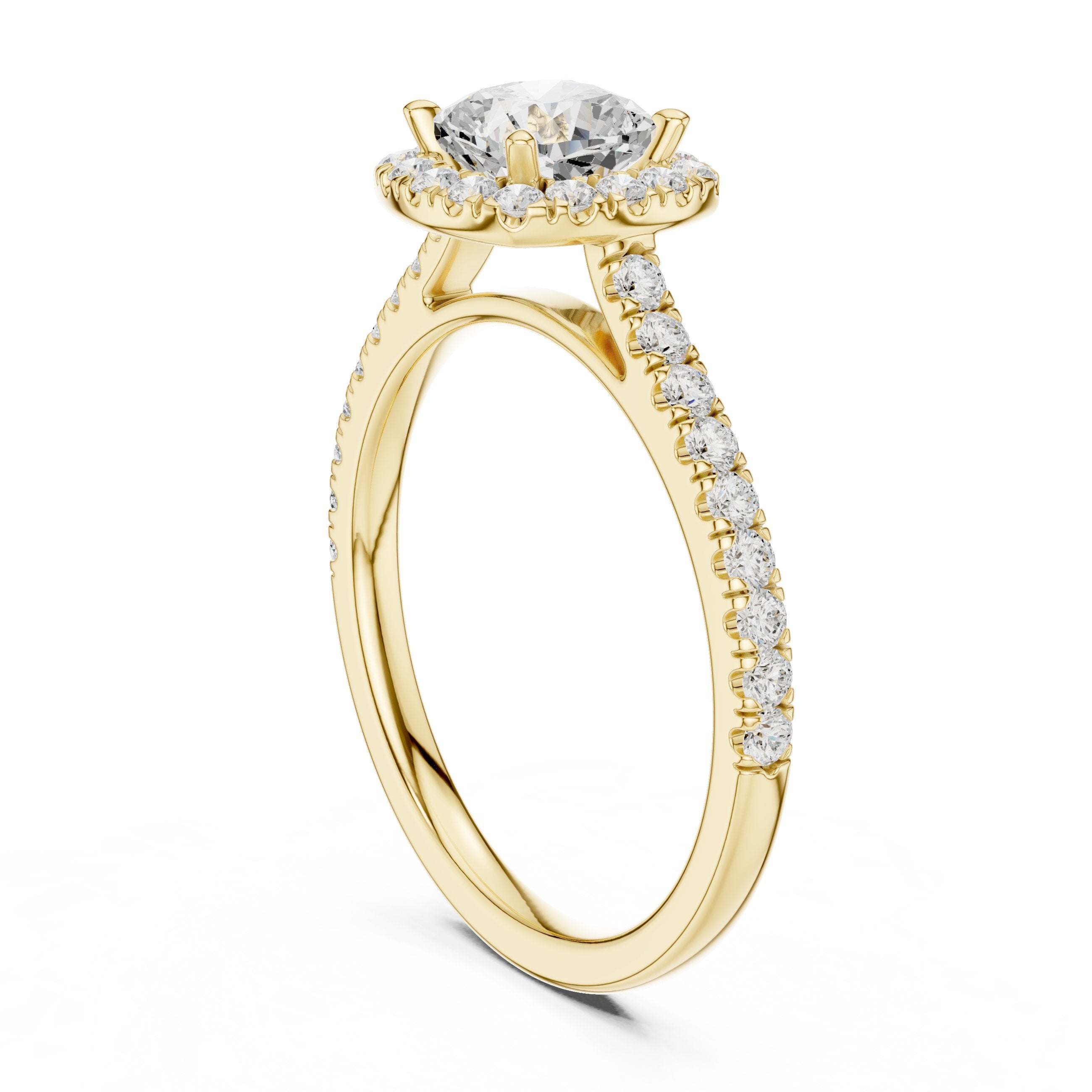 Cushion Cut Halo Engagement Ring with Pavé Band in Yellow Gold - VYKA Diamonds