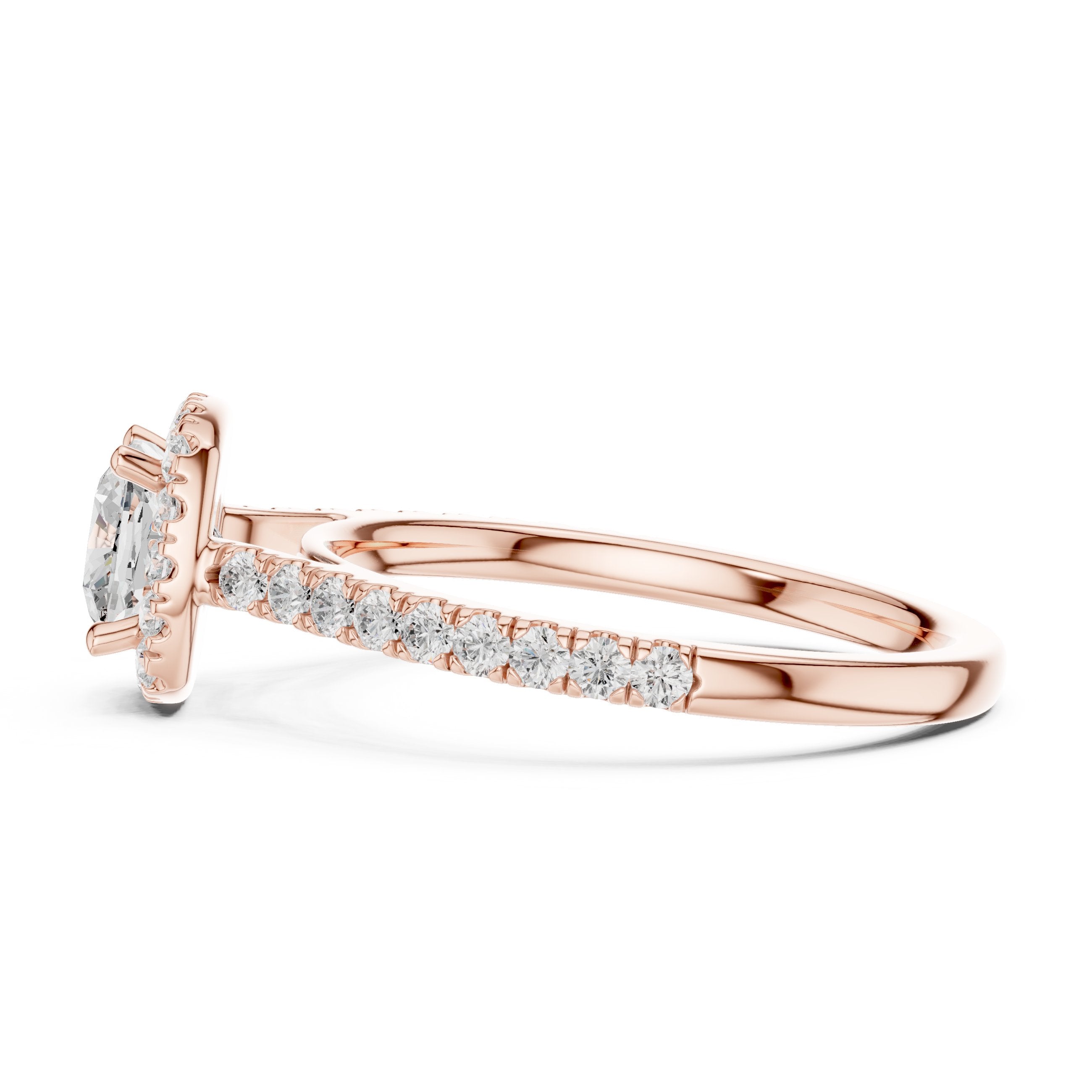 Cushion Cut Halo Engagement Ring with Pavé Band in Rose Gold - VYKA Diamonds