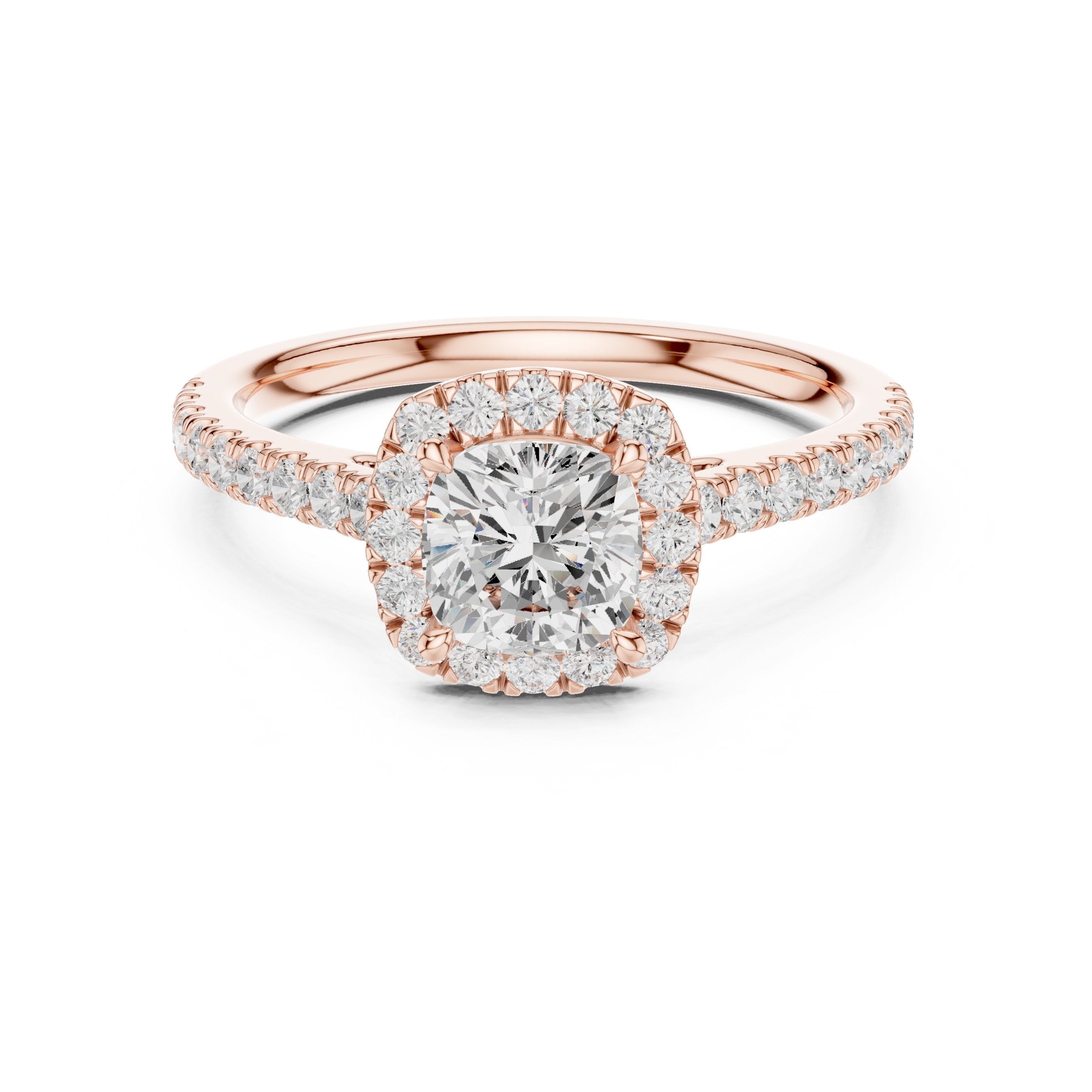 Cushion Cut Halo Engagement Ring with Pavé Band in Rose Gold - VYKA Diamonds