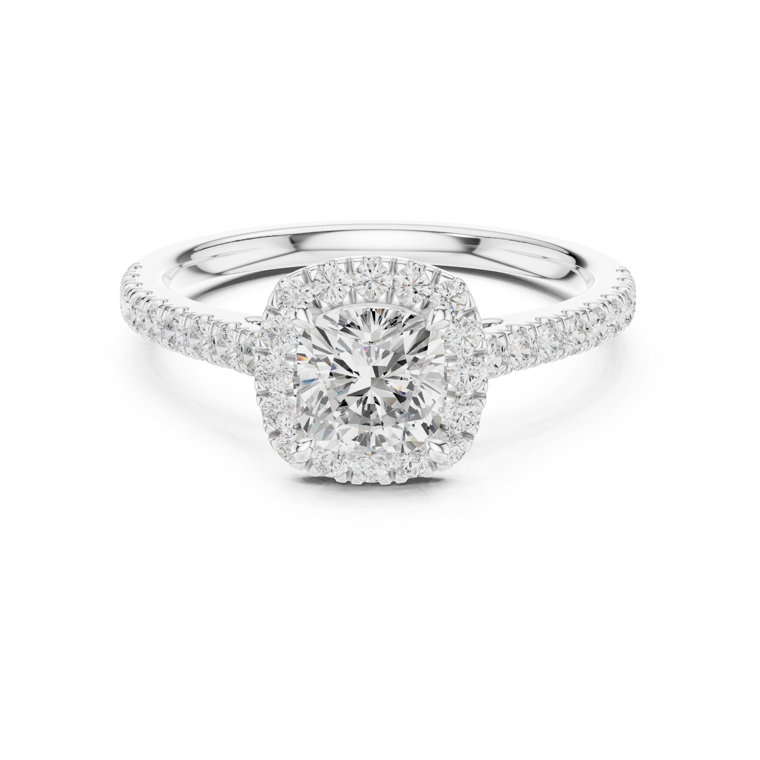 Cushion Cut Halo Engagement Ring with Pavé Band in White Gold - VYKA Diamonds