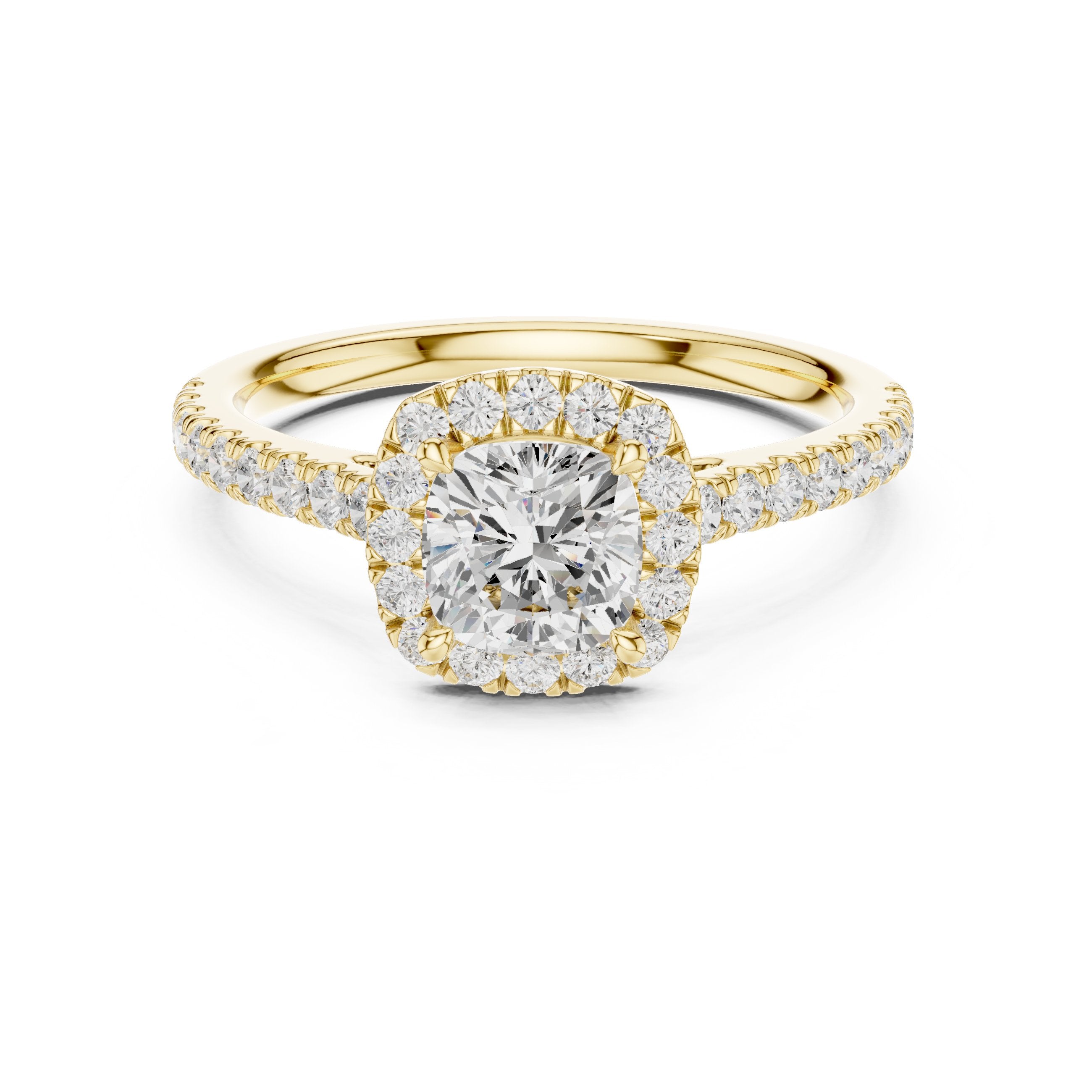 Cushion Cut Halo Engagement Ring with Pavé Band in Yellow Gold - VYKA Diamonds