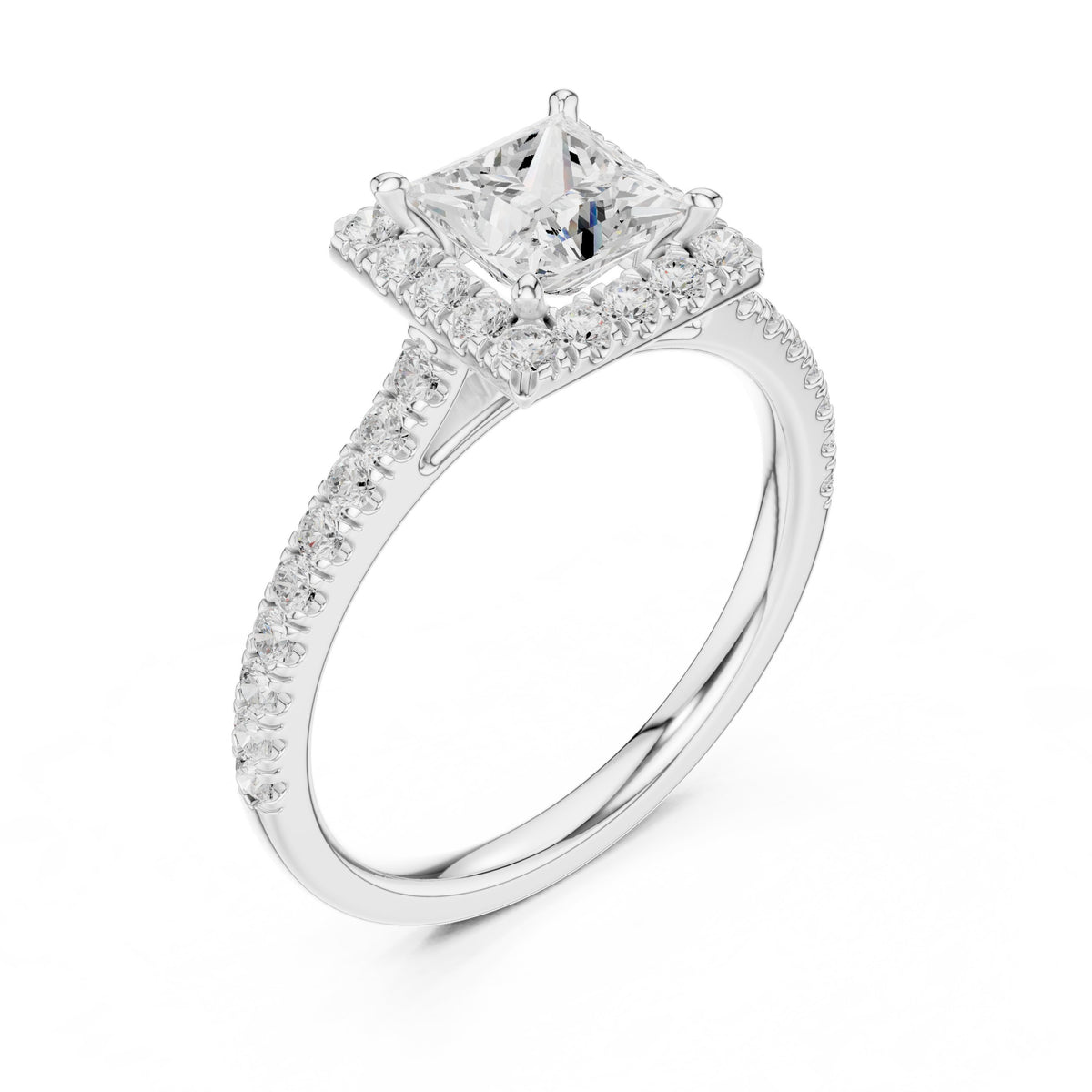 Princess Cut Halo Engagement Ring with Pavé Band